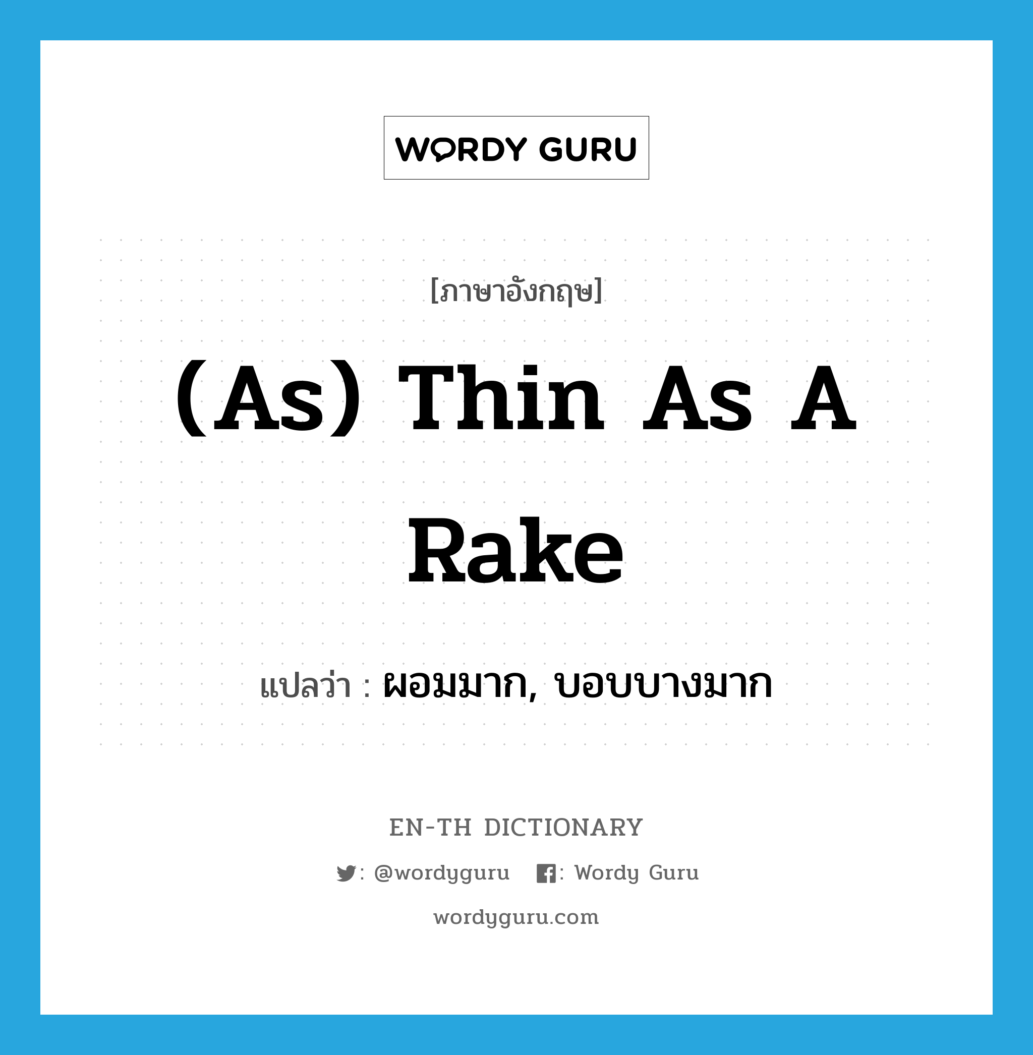 (as) thin as a rake แปลว่า? คำศัพท์ในกลุ่มประเภท IDM, คำศัพท์ภาษาอังกฤษ (as) thin as a rake แปลว่า ผอมมาก, บอบบางมาก ประเภท IDM หมวด IDM