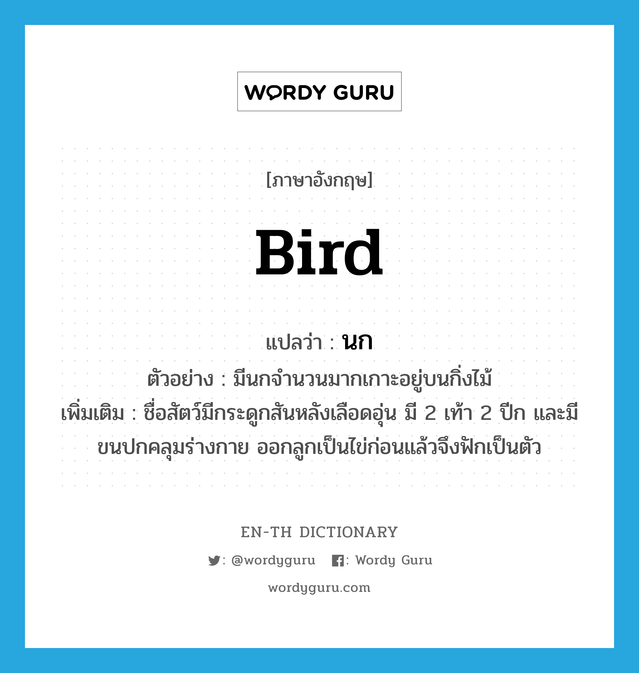 bird แปลว่า?, คำศัพท์ภาษาอังกฤษ bird แปลว่า นก ประเภท N ตัวอย่าง มีนกจำนวนมากเกาะอยู่บนกิ่งไม้ เพิ่มเติม ชื่อสัตว์มีกระดูกสันหลังเลือดอุ่น มี 2 เท้า 2 ปีก และมีขนปกคลุมร่างกาย ออกลูกเป็นไข่ก่อนแล้วจึงฟักเป็นตัว หมวด N