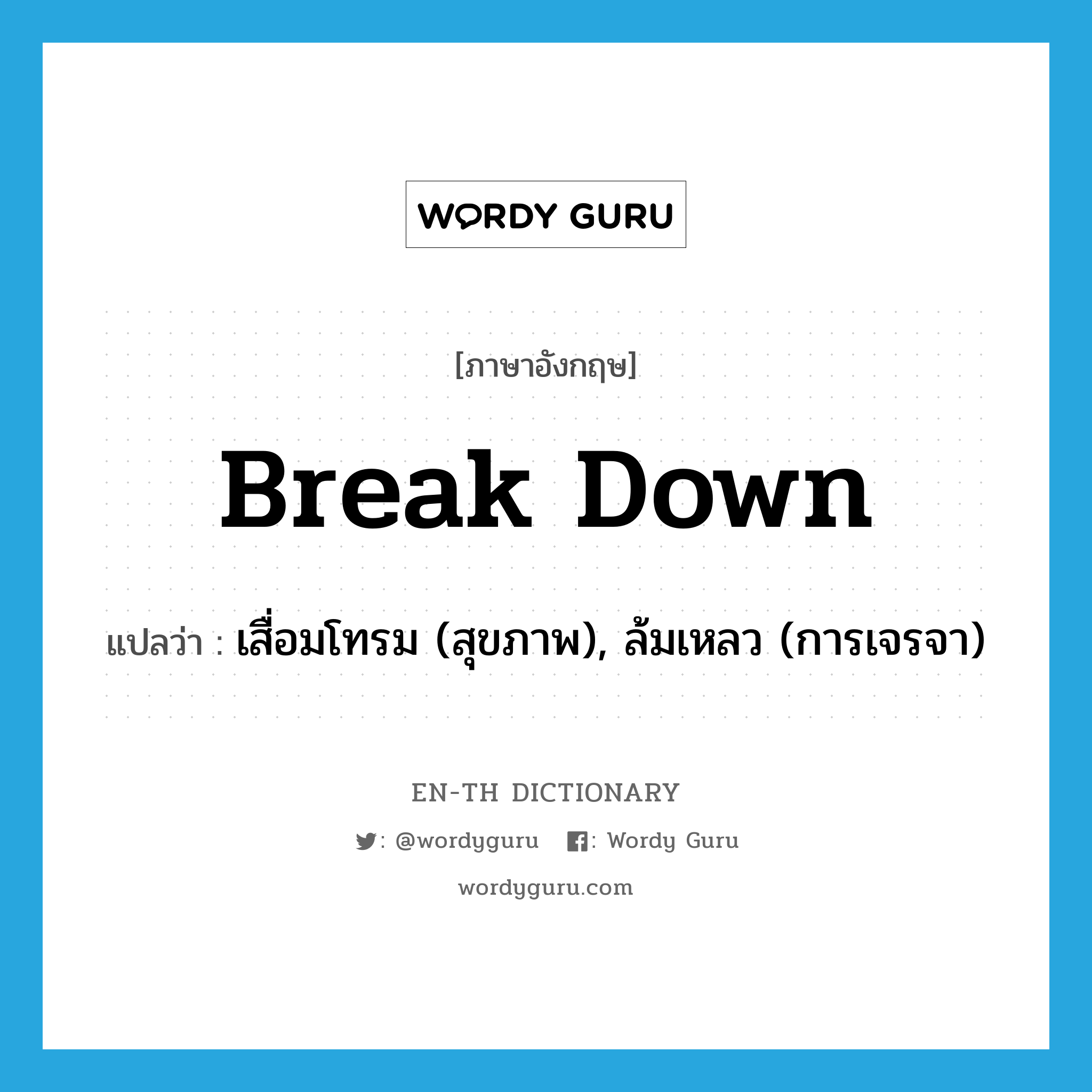 break down แปลว่า?, คำศัพท์ภาษาอังกฤษ break down แปลว่า เสื่อมโทรม (สุขภาพ), ล้มเหลว (การเจรจา) ประเภท PHRV หมวด PHRV