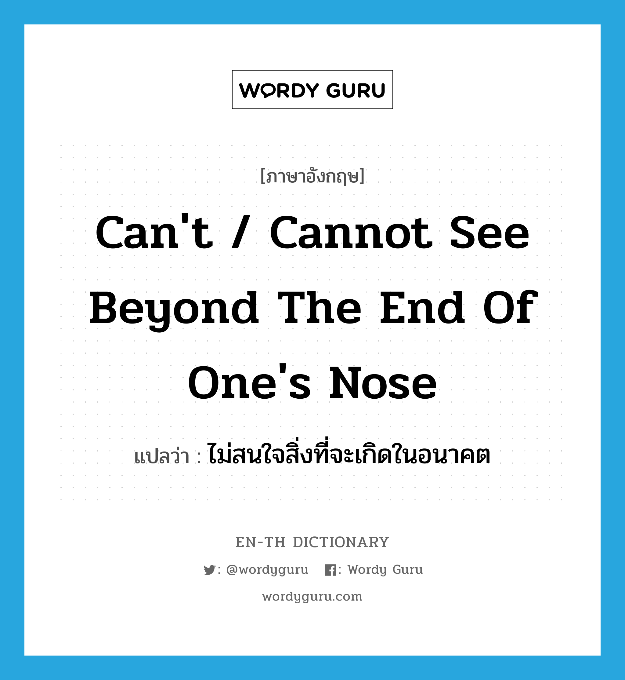 can&#39;t / cannot see beyond the end of one&#39;s nose แปลว่า?, คำศัพท์ภาษาอังกฤษ can&#39;t / cannot see beyond the end of one&#39;s nose แปลว่า ไม่สนใจสิ่งที่จะเกิดในอนาคต ประเภท IDM หมวด IDM