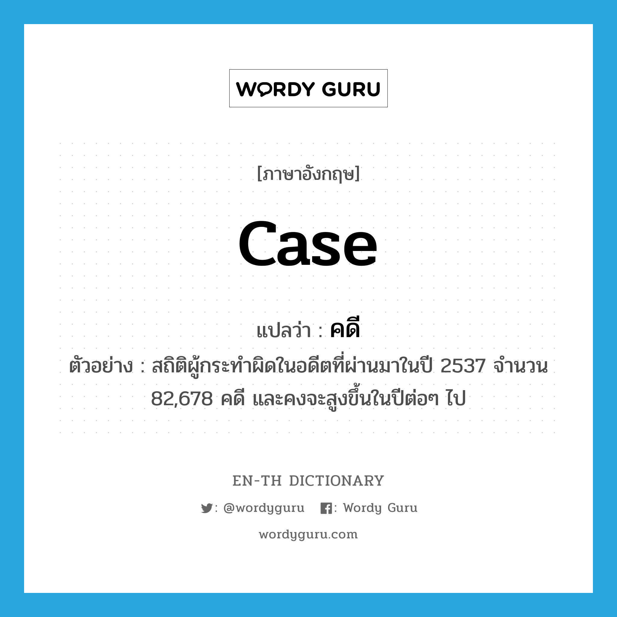 case แปลว่า?, คำศัพท์ภาษาอังกฤษ case แปลว่า คดี ประเภท CLAS ตัวอย่าง สถิติผู้กระทำผิดในอดีตที่ผ่านมาในปี 2537 จำนวน 82,678 คดี และคงจะสูงขึ้นในปีต่อๆ ไป หมวด CLAS