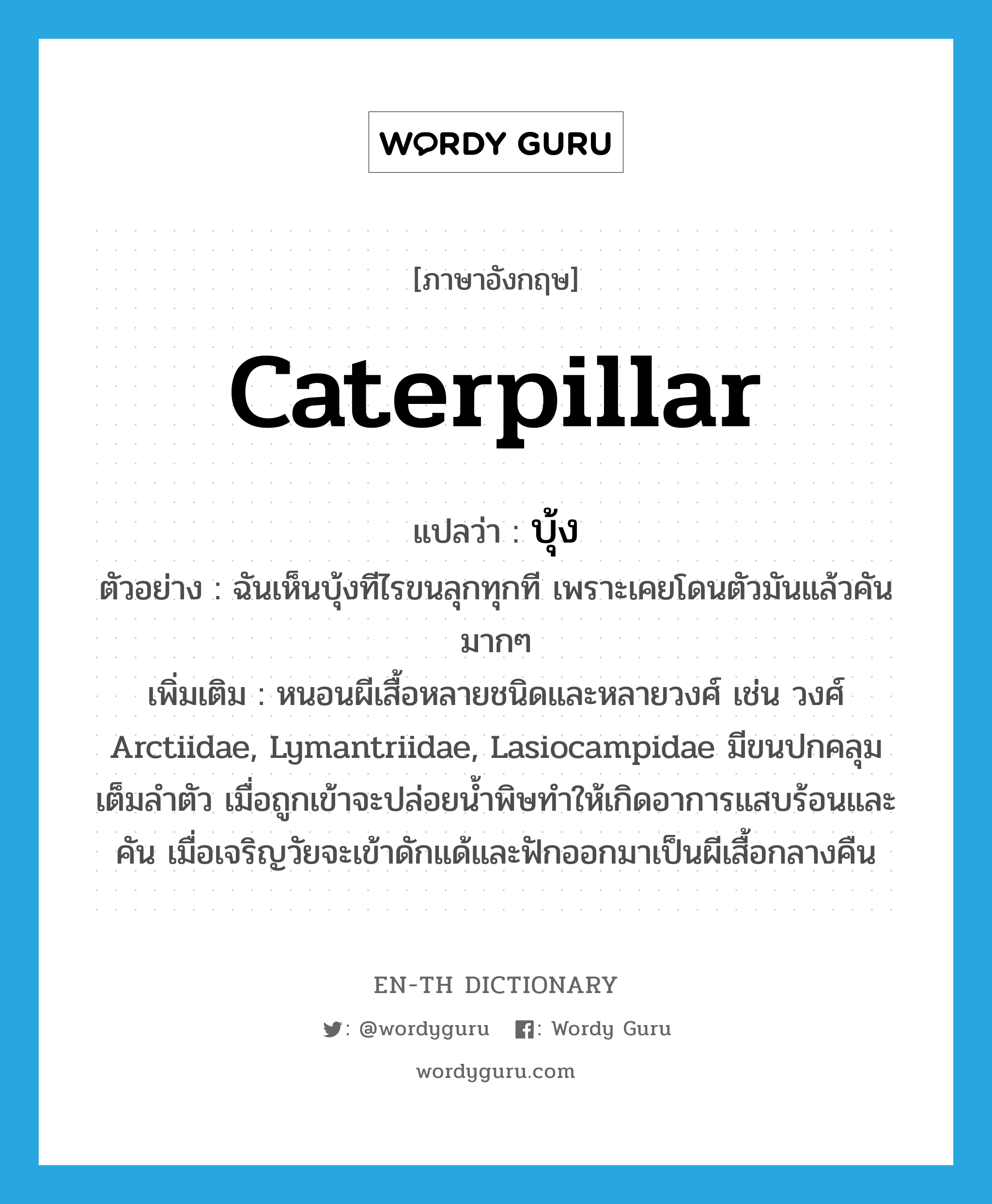 caterpillar แปลว่า?, คำศัพท์ภาษาอังกฤษ caterpillar แปลว่า บุ้ง ประเภท N ตัวอย่าง ฉันเห็นบุ้งทีไรขนลุกทุกที เพราะเคยโดนตัวมันแล้วคันมากๆ เพิ่มเติม หนอนผีเสื้อหลายชนิดและหลายวงศ์ เช่น วงศ์ Arctiidae, Lymantriidae, Lasiocampidae มีขนปกคลุมเต็มลำตัว เมื่อถูกเข้าจะปล่อยน้ำพิษทำให้เกิดอาการแสบร้อนและคัน เมื่อเจริญวัยจะเข้าดักแด้และฟักออกมาเป็นผีเสื้อกลางคืน หมวด N