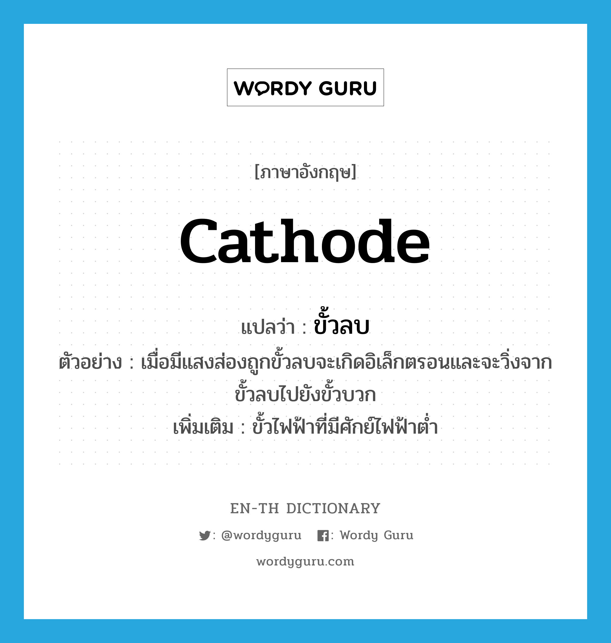 ขั้วลบ ภาษาอังกฤษ?, คำศัพท์ภาษาอังกฤษ ขั้วลบ แปลว่า cathode ประเภท N ตัวอย่าง เมื่อมีแสงส่องถูกขั้วลบจะเกิดอิเล็กตรอนและจะวิ่งจากขั้วลบไปยังขั้วบวก เพิ่มเติม ขั้วไฟฟ้าที่มีศักย์ไฟฟ้าต่ำ หมวด N