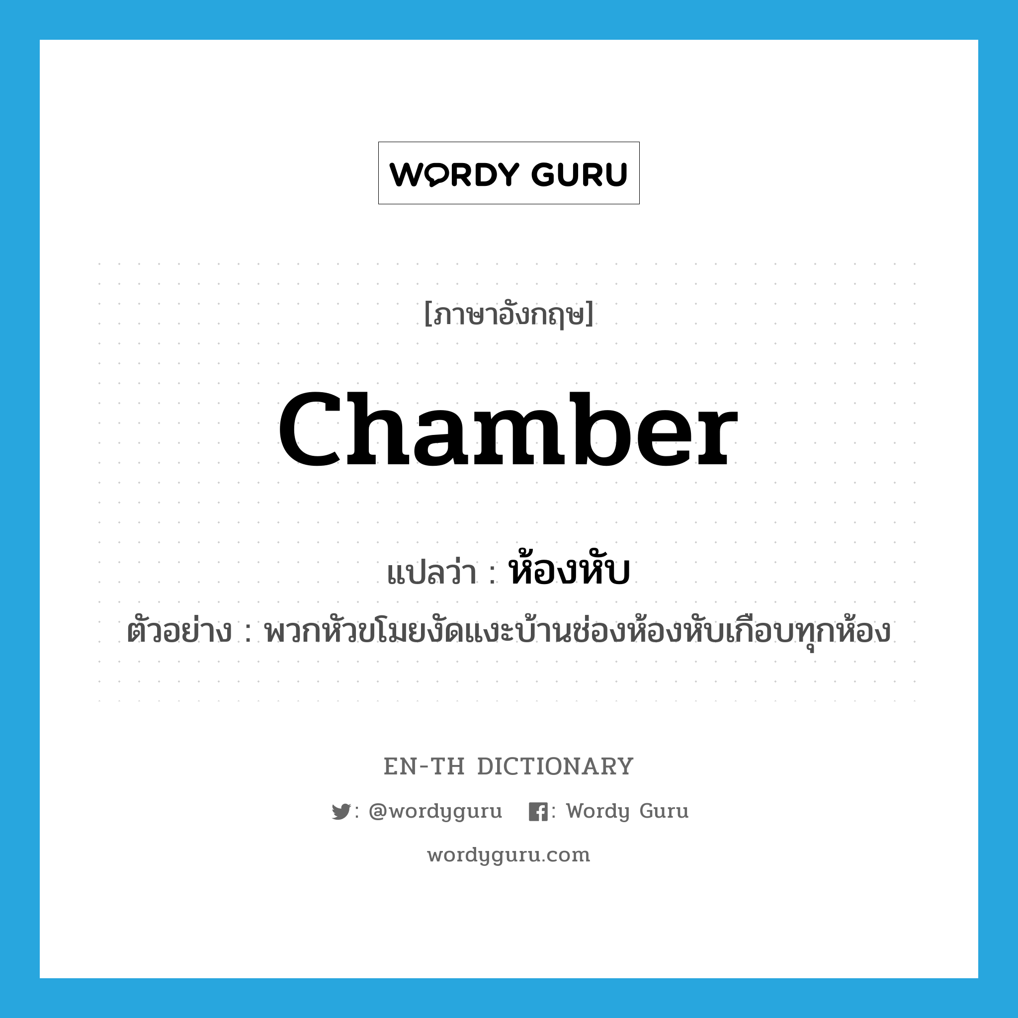 chamber แปลว่า?, คำศัพท์ภาษาอังกฤษ chamber แปลว่า ห้องหับ ประเภท N ตัวอย่าง พวกหัวขโมยงัดแงะบ้านช่องห้องหับเกือบทุกห้อง หมวด N