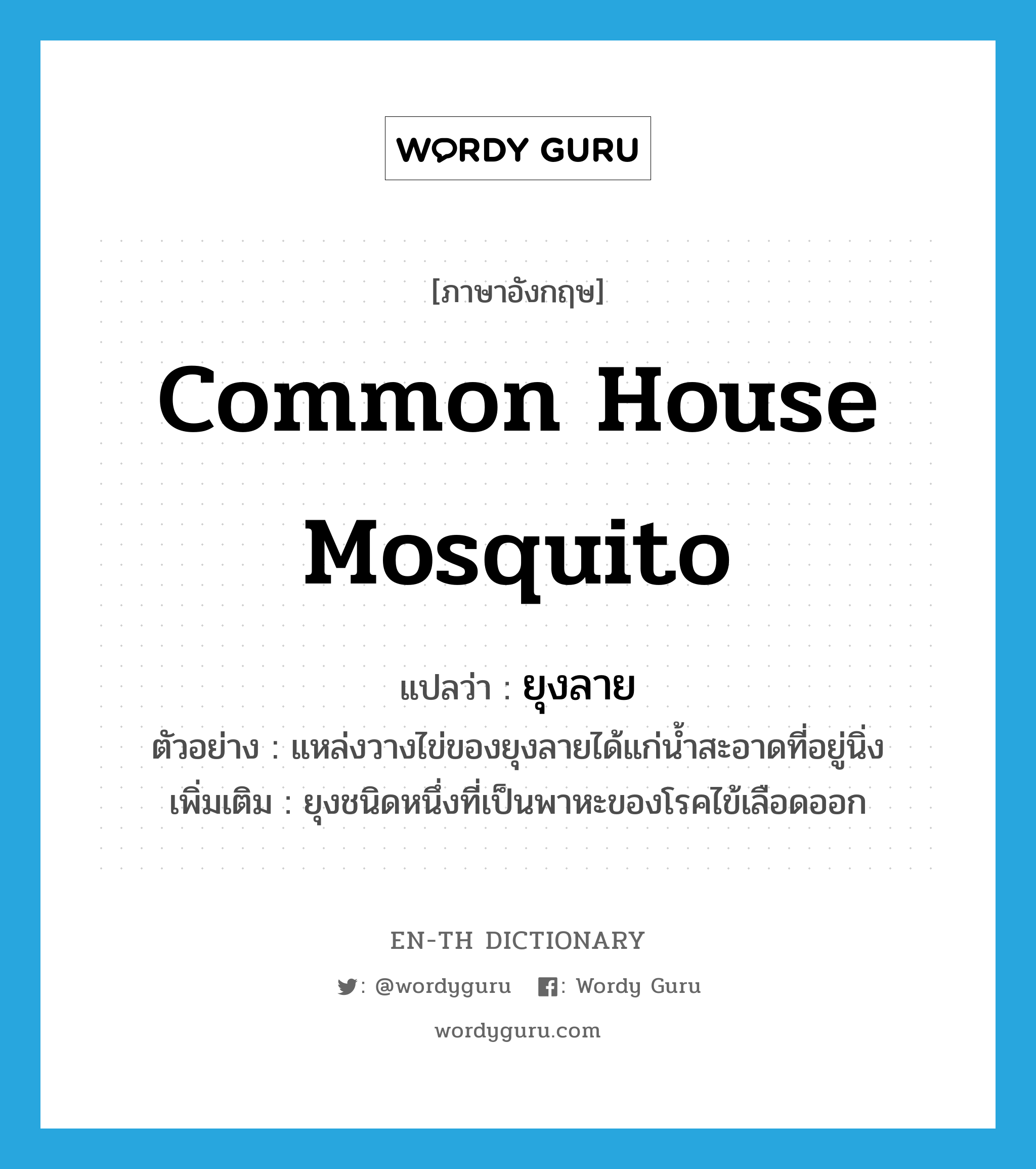 common house mosquito แปลว่า?, คำศัพท์ภาษาอังกฤษ common house mosquito แปลว่า ยุงลาย ประเภท N ตัวอย่าง แหล่งวางไข่ของยุงลายได้แก่น้ำสะอาดที่อยู่นิ่ง เพิ่มเติม ยุงชนิดหนึ่งที่เป็นพาหะของโรคไข้เลือดออก หมวด N