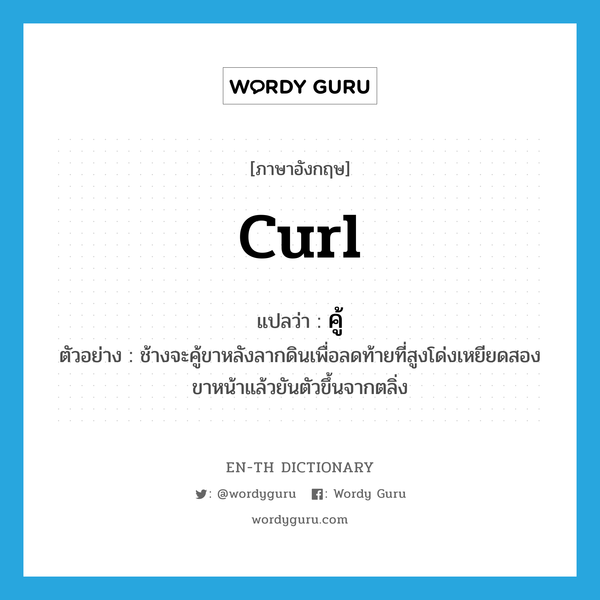 curl แปลว่า?, คำศัพท์ภาษาอังกฤษ curl แปลว่า คู้ ประเภท V ตัวอย่าง ช้างจะคู้ขาหลังลากดินเพื่อลดท้ายที่สูงโด่งเหยียดสองขาหน้าแล้วยันตัวขึ้นจากตลิ่ง หมวด V