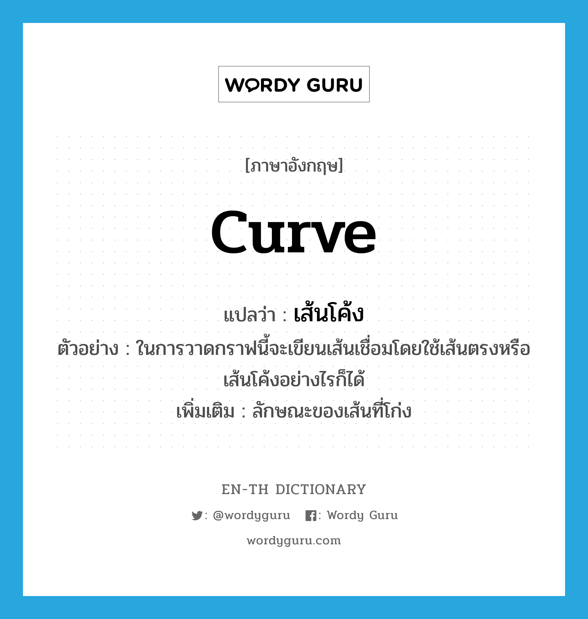 curve แปลว่า?, คำศัพท์ภาษาอังกฤษ curve แปลว่า เส้นโค้ง ประเภท N ตัวอย่าง ในการวาดกราฟนี้จะเขียนเส้นเชื่อมโดยใช้เส้นตรงหรือเส้นโค้งอย่างไรก็ได้ เพิ่มเติม ลักษณะของเส้นที่โก่ง หมวด N