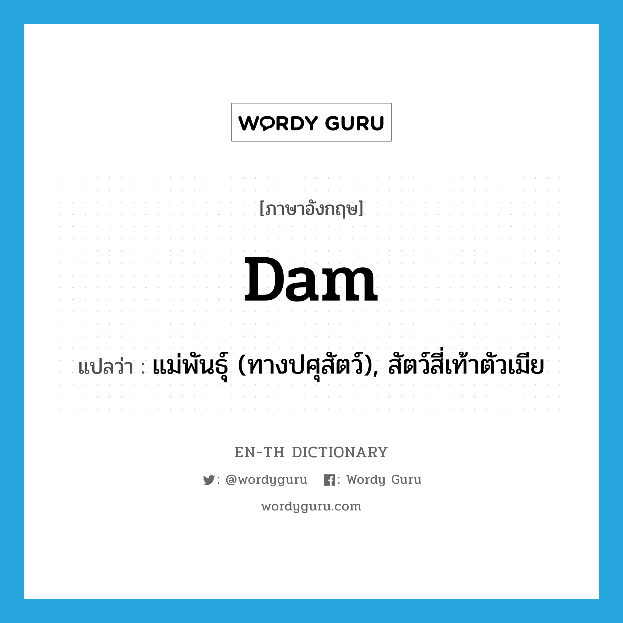 dam แปลว่า?, คำศัพท์ภาษาอังกฤษ dam แปลว่า แม่พันธุ์ (ทางปศุสัตว์), สัตว์สี่เท้าตัวเมีย ประเภท N หมวด N