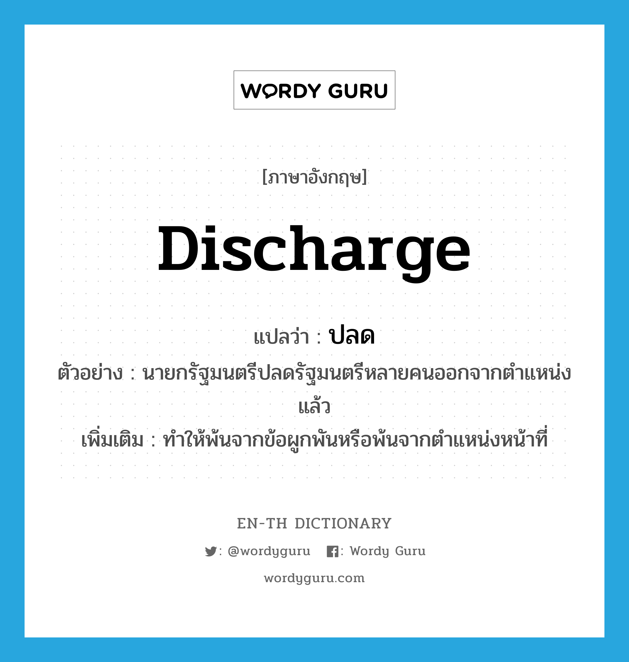 discharge แปลว่า?, คำศัพท์ภาษาอังกฤษ discharge แปลว่า ปลด ประเภท V ตัวอย่าง นายกรัฐมนตรีปลดรัฐมนตรีหลายคนออกจากตำแหน่งแล้ว เพิ่มเติม ทำให้พ้นจากข้อผูกพันหรือพ้นจากตำแหน่งหน้าที่ หมวด V