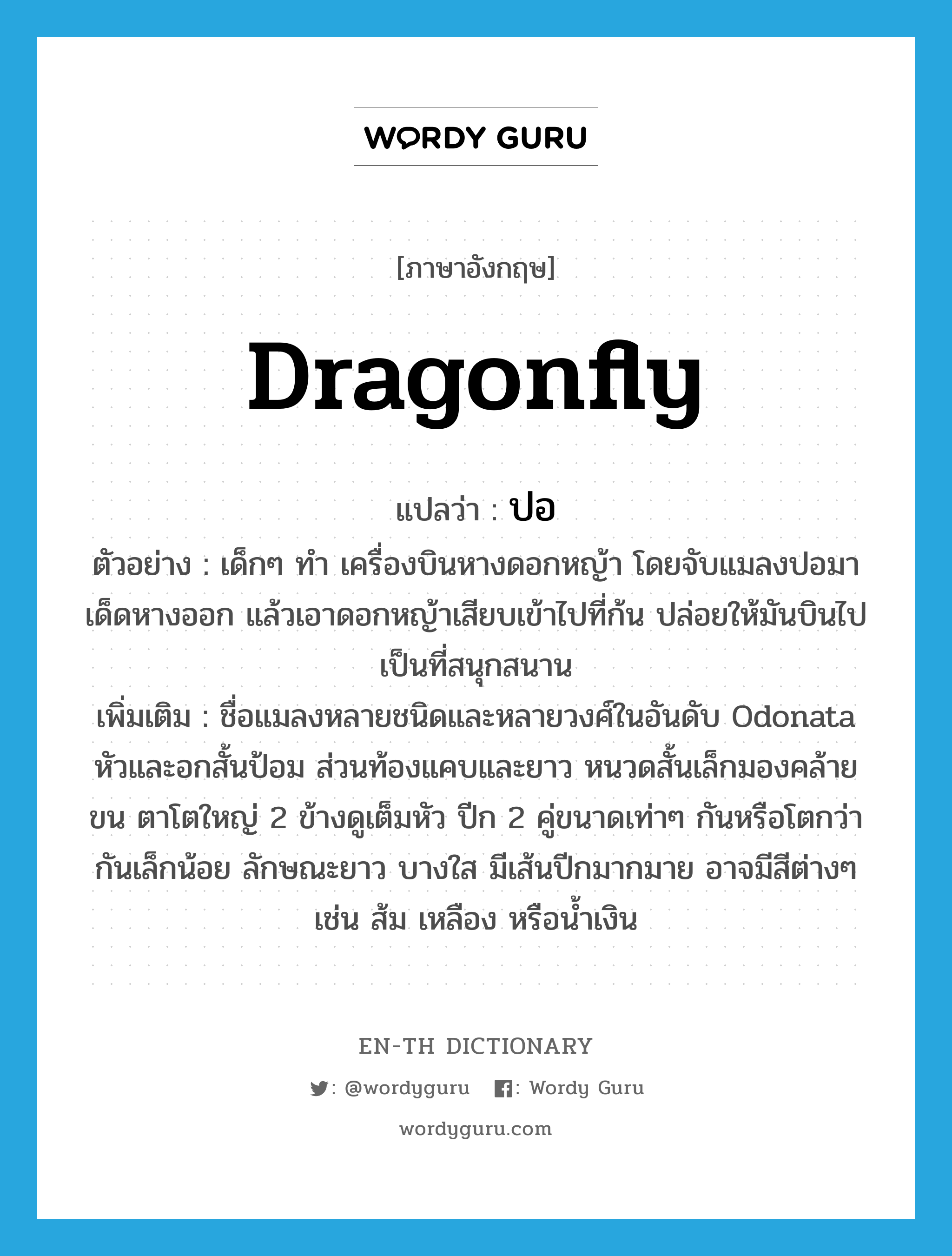 dragonfly แปลว่า?, คำศัพท์ภาษาอังกฤษ dragonfly แปลว่า ปอ ประเภท N ตัวอย่าง เด็กๆ ทำ เครื่องบินหางดอกหญ้า โดยจับแมลงปอมาเด็ดหางออก แล้วเอาดอกหญ้าเสียบเข้าไปที่ก้น ปล่อยให้มันบินไปเป็นที่สนุกสนาน เพิ่มเติม ชื่อแมลงหลายชนิดและหลายวงศ์ในอันดับ Odonata หัวและอกสั้นป้อม ส่วนท้องแคบและยาว หนวดสั้นเล็กมองคล้ายขน ตาโตใหญ่ 2 ข้างดูเต็มหัว ปีก 2 คู่ขนาดเท่าๆ กันหรือโตกว่ากันเล็กน้อย ลักษณะยาว บางใส มีเส้นปีกมากมาย อาจมีสีต่างๆ เช่น ส้ม เหลือง หรือน้ำเงิน หมวด N