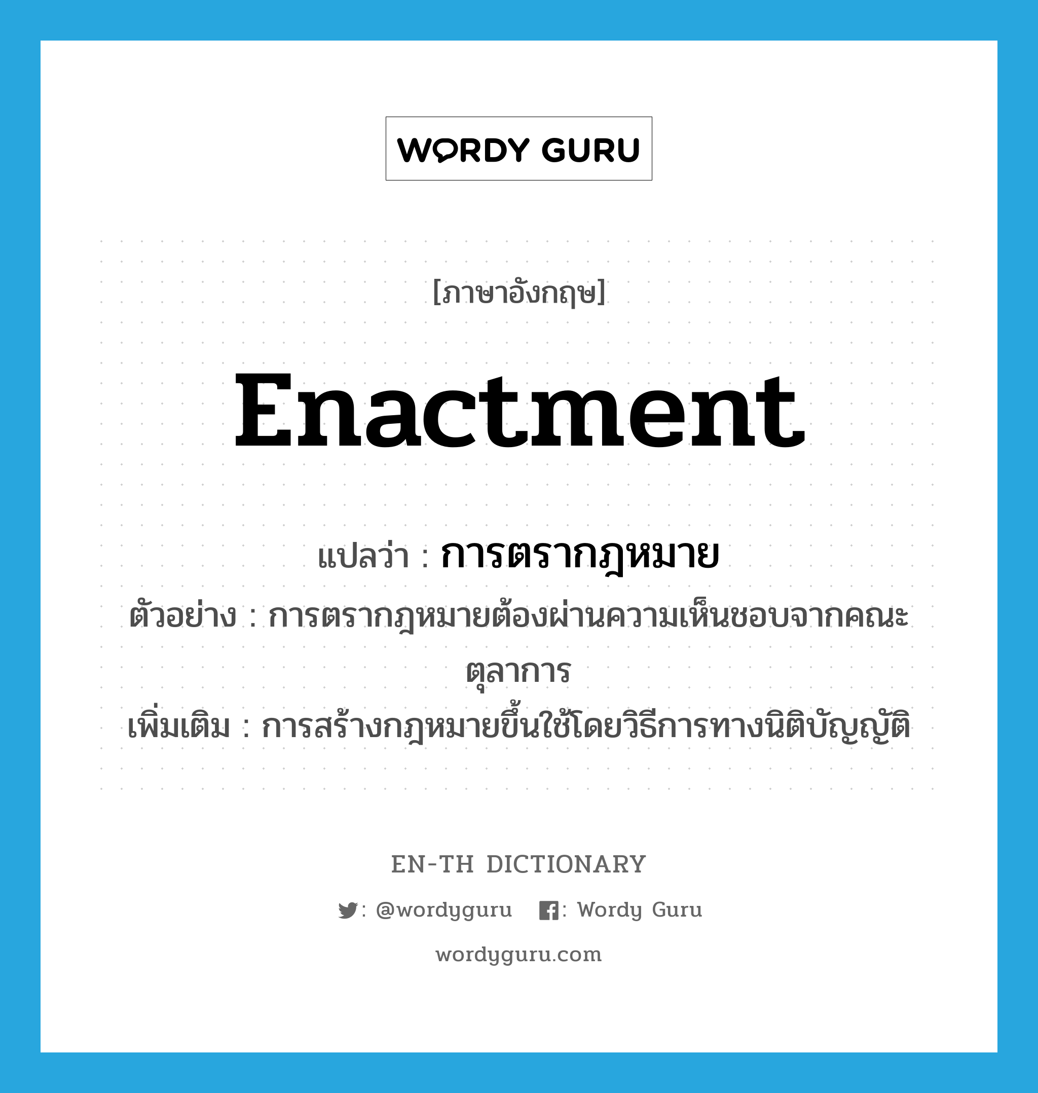 enactment แปลว่า?, คำศัพท์ภาษาอังกฤษ enactment แปลว่า การตรากฎหมาย ประเภท N ตัวอย่าง การตรากฎหมายต้องผ่านความเห็นชอบจากคณะตุลาการ เพิ่มเติม การสร้างกฎหมายขึ้นใช้โดยวิธีการทางนิติบัญญัติ หมวด N