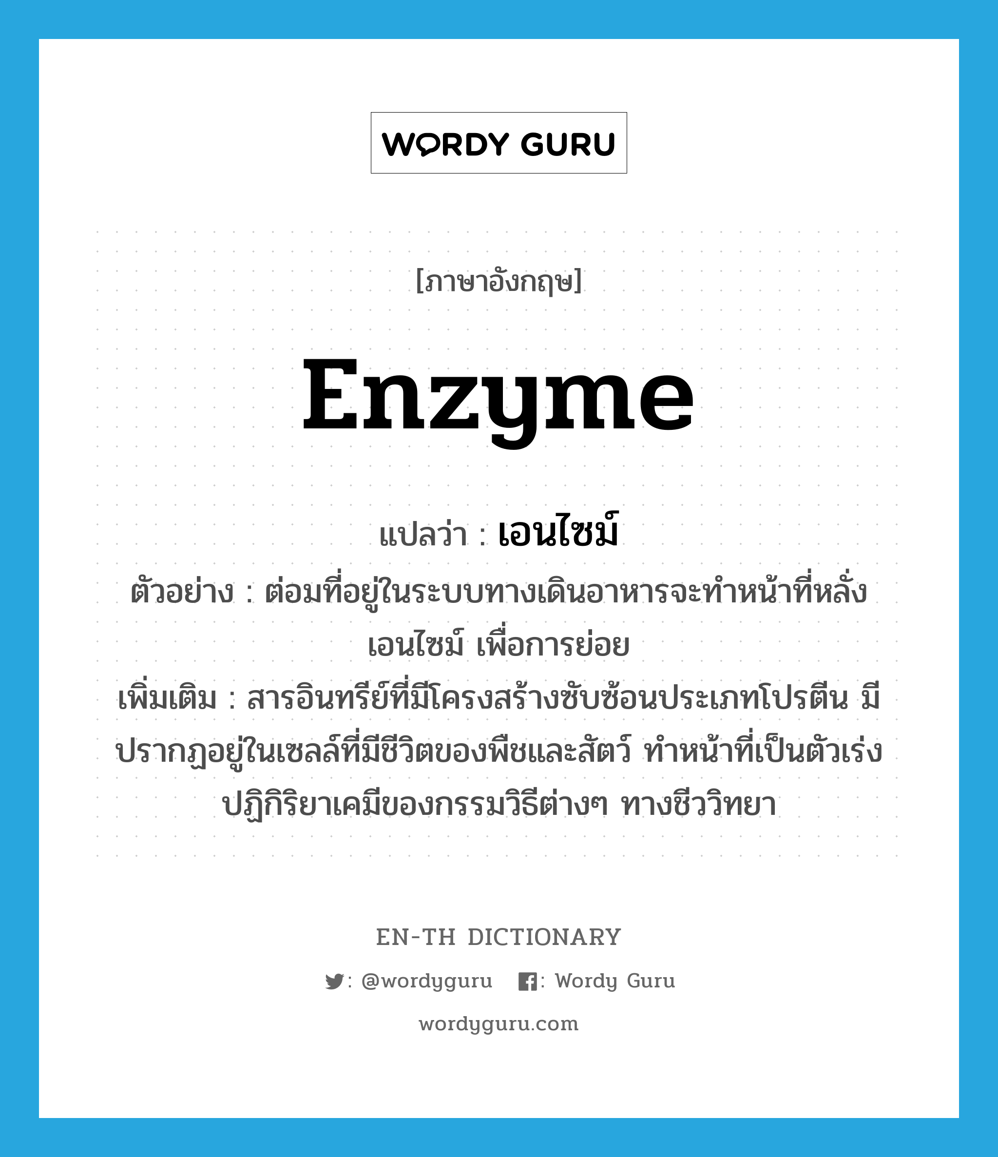 enzyme แปลว่า?, คำศัพท์ภาษาอังกฤษ enzyme แปลว่า เอนไซม์ ประเภท N ตัวอย่าง ต่อมที่อยู่ในระบบทางเดินอาหารจะทำหน้าที่หลั่งเอนไซม์ เพื่อการย่อย เพิ่มเติม สารอินทรีย์ที่มีโครงสร้างซับซ้อนประเภทโปรตีน มีปรากฏอยู่ในเซลล์ที่มีชีวิตของพืชและสัตว์ ทำหน้าที่เป็นตัวเร่งปฏิกิริยาเคมีของกรรมวิธีต่างๆ ทางชีววิทยา หมวด N