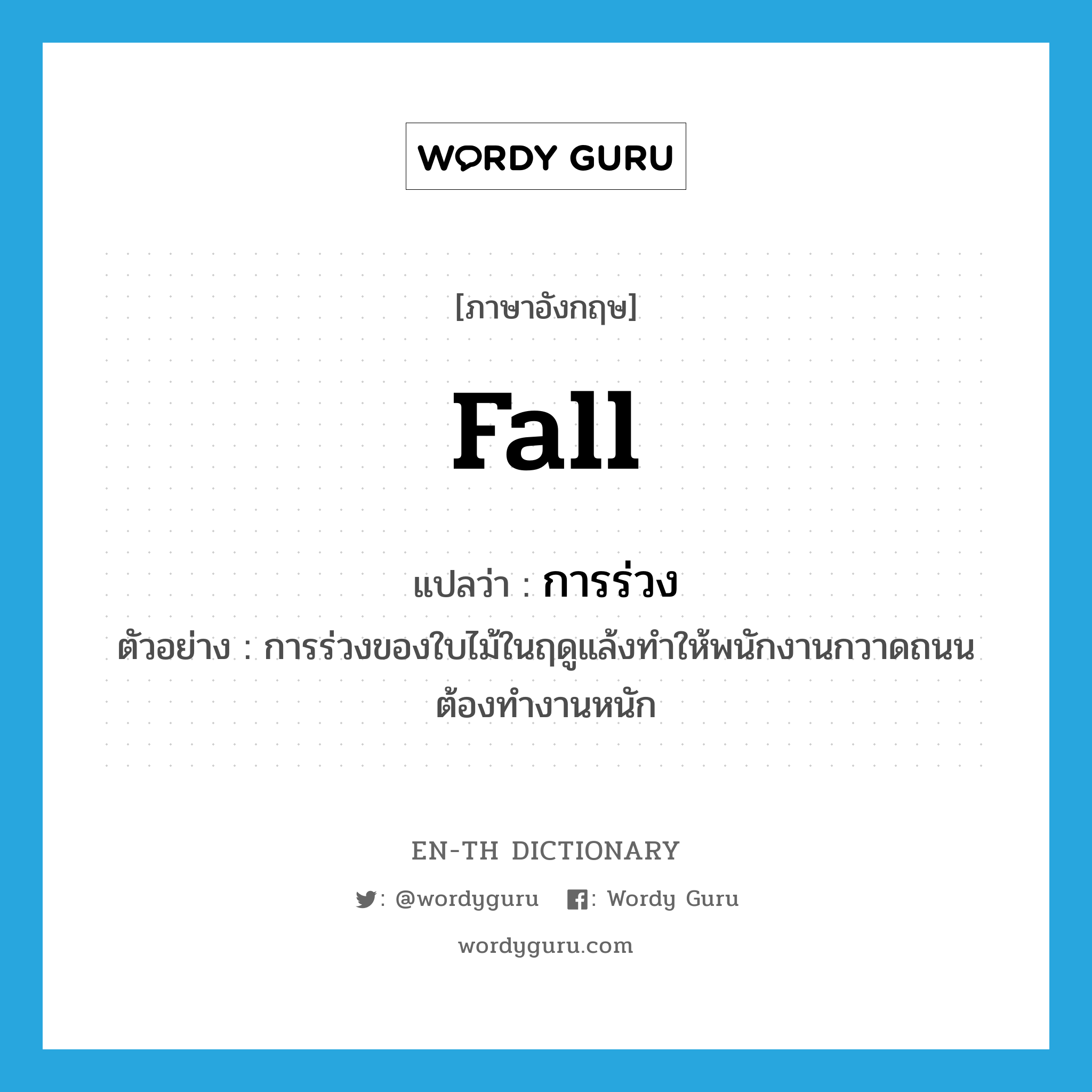 fall แปลว่า?, คำศัพท์ภาษาอังกฤษ fall แปลว่า การร่วง ประเภท N ตัวอย่าง การร่วงของใบไม้ในฤดูแล้งทำให้พนักงานกวาดถนนต้องทำงานหนัก หมวด N