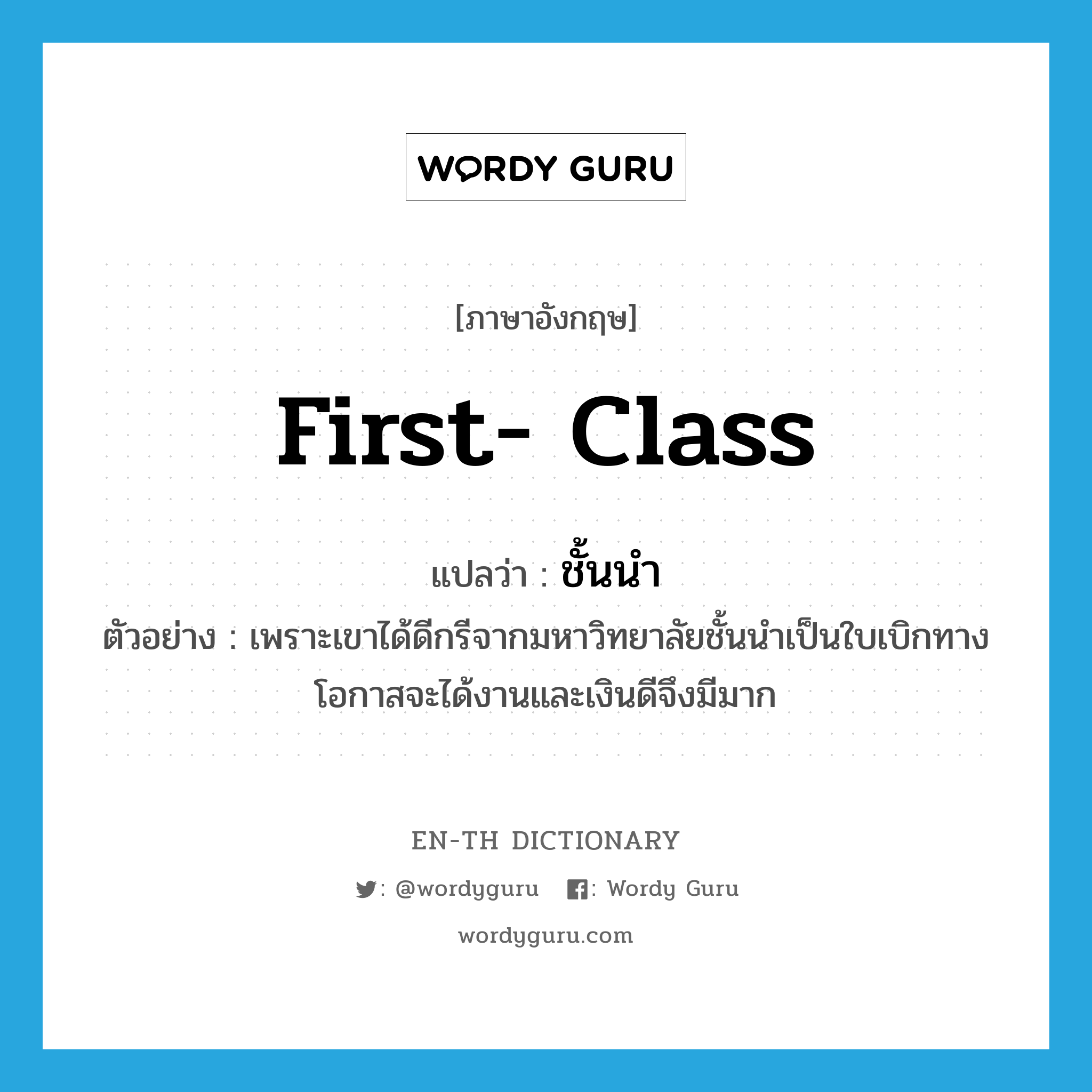 first-class แปลว่า?, คำศัพท์ภาษาอังกฤษ first- class แปลว่า ชั้นนำ ประเภท ADJ ตัวอย่าง เพราะเขาได้ดีกรีจากมหาวิทยาลัยชั้นนำเป็นใบเบิกทาง โอกาสจะได้งานและเงินดีจึงมีมาก หมวด ADJ