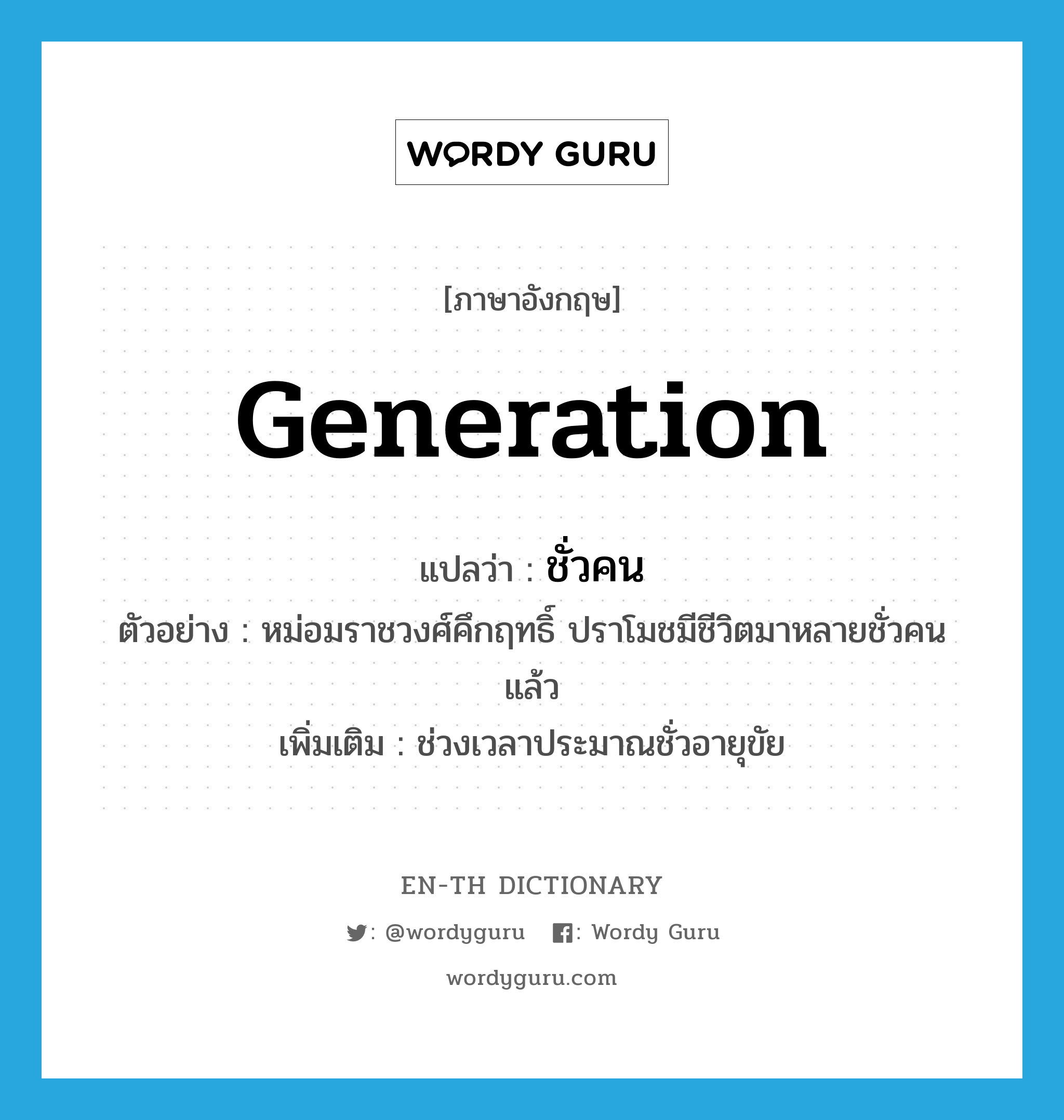 generation แปลว่า?, คำศัพท์ภาษาอังกฤษ generation แปลว่า ชั่วคน ประเภท N ตัวอย่าง หม่อมราชวงศ์คึกฤทธิ์ ปราโมชมีชีวิตมาหลายชั่วคนแล้ว เพิ่มเติม ช่วงเวลาประมาณชั่วอายุขัย หมวด N