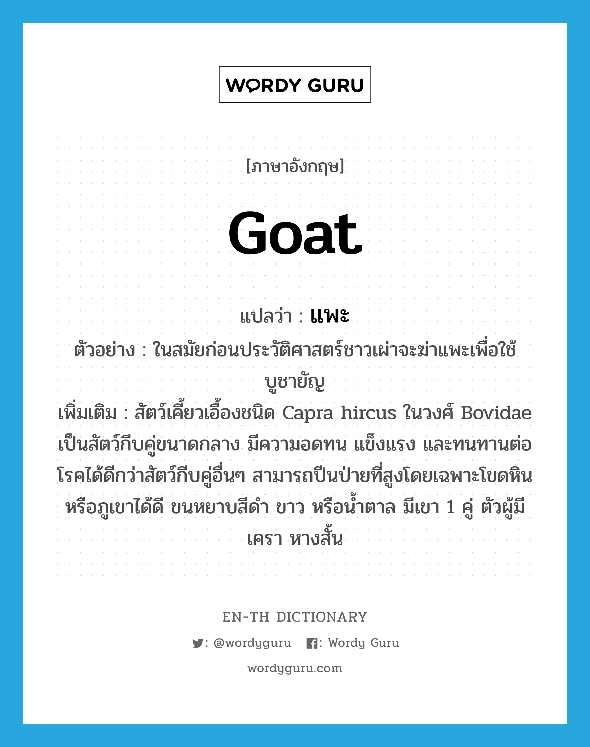 goat แปลว่า?, คำศัพท์ภาษาอังกฤษ goat แปลว่า แพะ ประเภท N ตัวอย่าง ในสมัยก่อนประวัติศาสตร์ชาวเผ่าจะฆ่าแพะเพื่อใช้บูชายัญ เพิ่มเติม สัตว์เคี้ยวเอื้องชนิด Capra hircus ในวงศ์ Bovidae เป็นสัตว์กีบคู่ขนาดกลาง มีความอดทน แข็งแรง และทนทานต่อโรคได้ดีกว่าสัตว์กีบคู่อื่นๆ สามารถปีนป่ายที่สูงโดยเฉพาะโขดหินหรือภูเขาได้ดี ขนหยาบสีดำ ขาว หรือน้ำตาล มีเขา 1 คู่ ตัวผู้มีเครา หางสั้น หมวด N