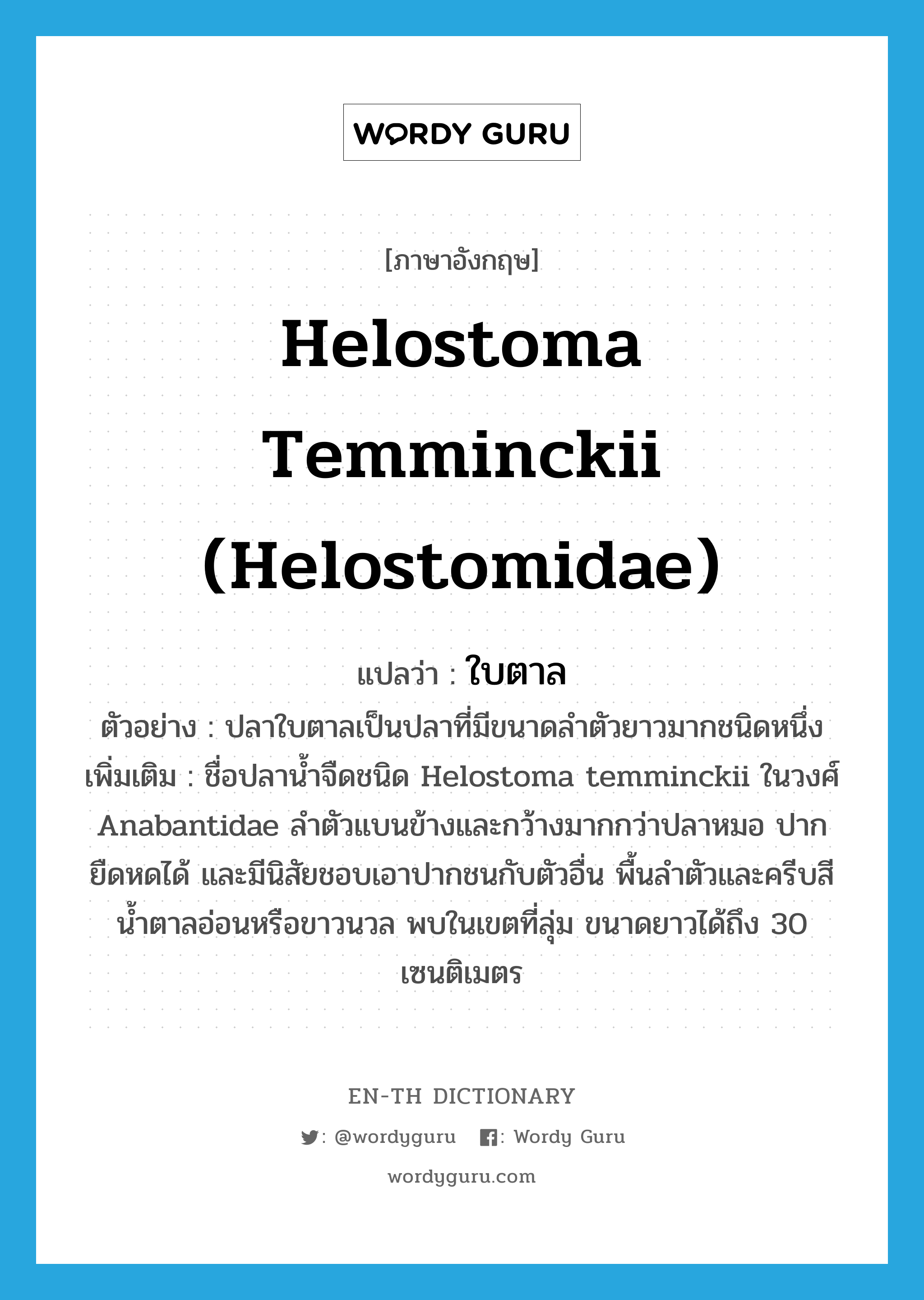 Helostoma temminckii (Helostomidae) แปลว่า?, คำศัพท์ภาษาอังกฤษ Helostoma temminckii (Helostomidae) แปลว่า ใบตาล ประเภท N ตัวอย่าง ปลาใบตาลเป็นปลาที่มีขนาดลำตัวยาวมากชนิดหนึ่ง เพิ่มเติม ชื่อปลาน้ำจืดชนิด Helostoma temminckii ในวงศ์ Anabantidae ลำตัวแบนข้างและกว้างมากกว่าปลาหมอ ปากยืดหดได้ และมีนิสัยชอบเอาปากชนกับตัวอื่น พื้นลำตัวและครีบสีน้ำตาลอ่อนหรือขาวนวล พบในเขตที่ลุ่ม ขนาดยาวได้ถึง 30 เซนติเมตร หมวด N