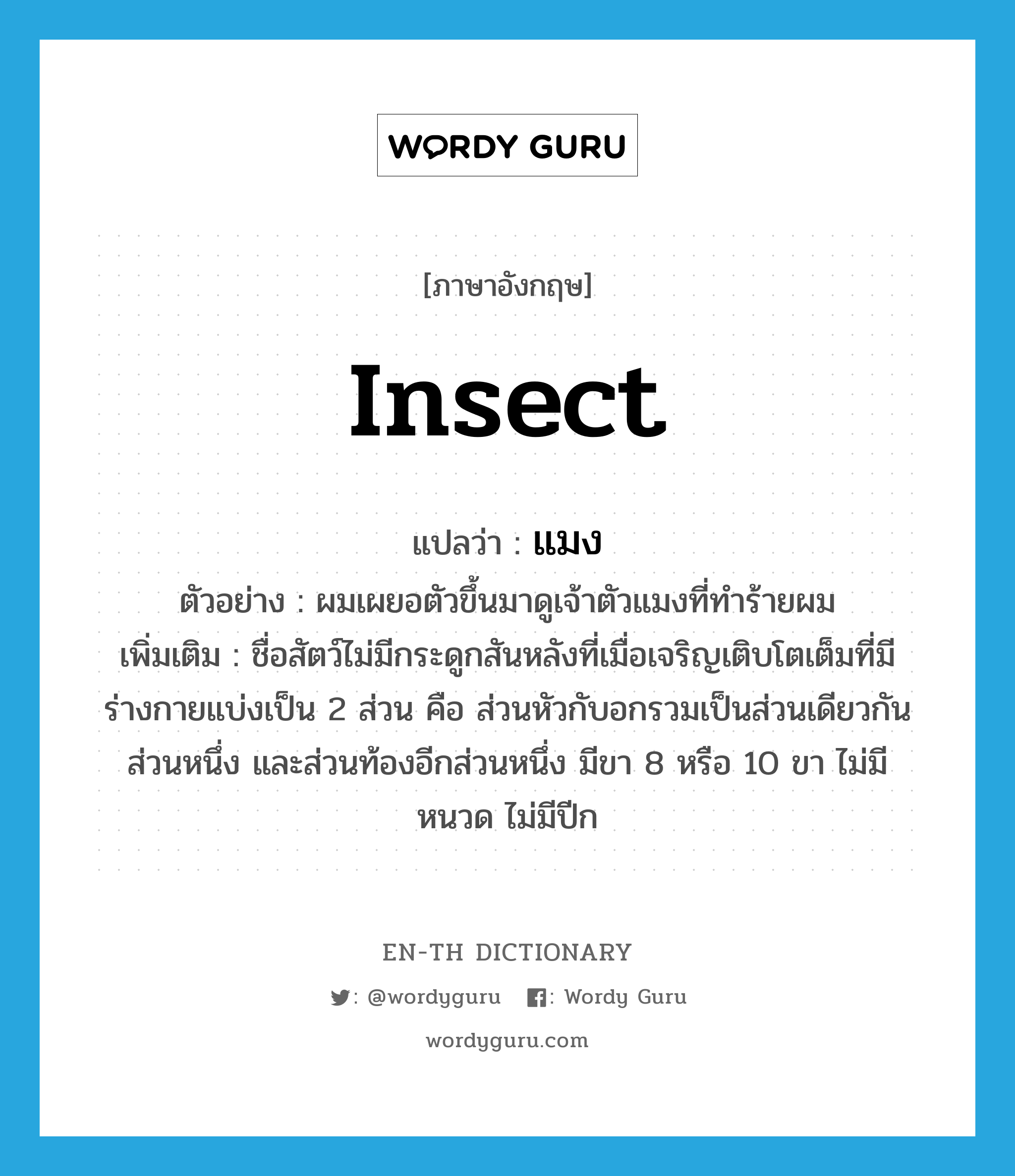 insect แปลว่า?, คำศัพท์ภาษาอังกฤษ insect แปลว่า แมง ประเภท N ตัวอย่าง ผมเผยอตัวขึ้นมาดูเจ้าตัวแมงที่ทำร้ายผม เพิ่มเติม ชื่อสัตว์ไม่มีกระดูกสันหลังที่เมื่อเจริญเติบโตเต็มที่มีร่างกายแบ่งเป็น 2 ส่วน คือ ส่วนหัวกับอกรวมเป็นส่วนเดียวกันส่วนหนึ่ง และส่วนท้องอีกส่วนหนึ่ง มีขา 8 หรือ 10 ขา ไม่มีหนวด ไม่มีปีก หมวด N