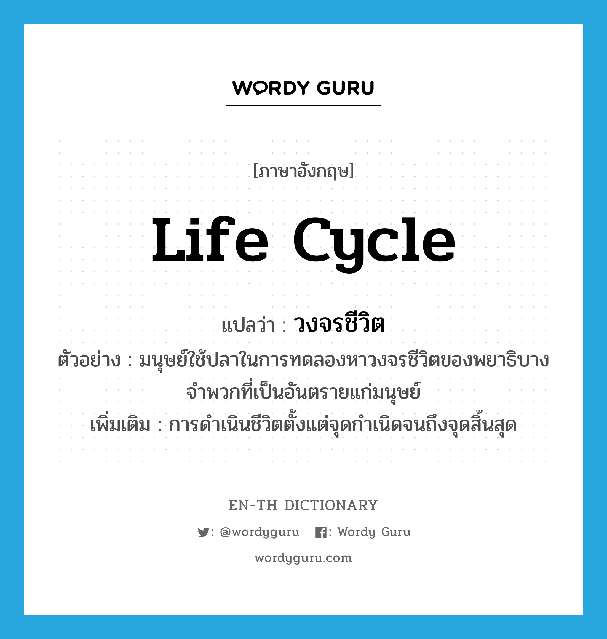 life cycle แปลว่า?, คำศัพท์ภาษาอังกฤษ life cycle แปลว่า วงจรชีวิต ประเภท N ตัวอย่าง มนุษย์ใช้ปลาในการทดลองหาวงจรชีวิตของพยาธิบางจำพวกที่เป็นอันตรายแก่มนุษย์ เพิ่มเติม การดำเนินชีวิตตั้งแต่จุดกำเนิดจนถึงจุดสิ้นสุด หมวด N