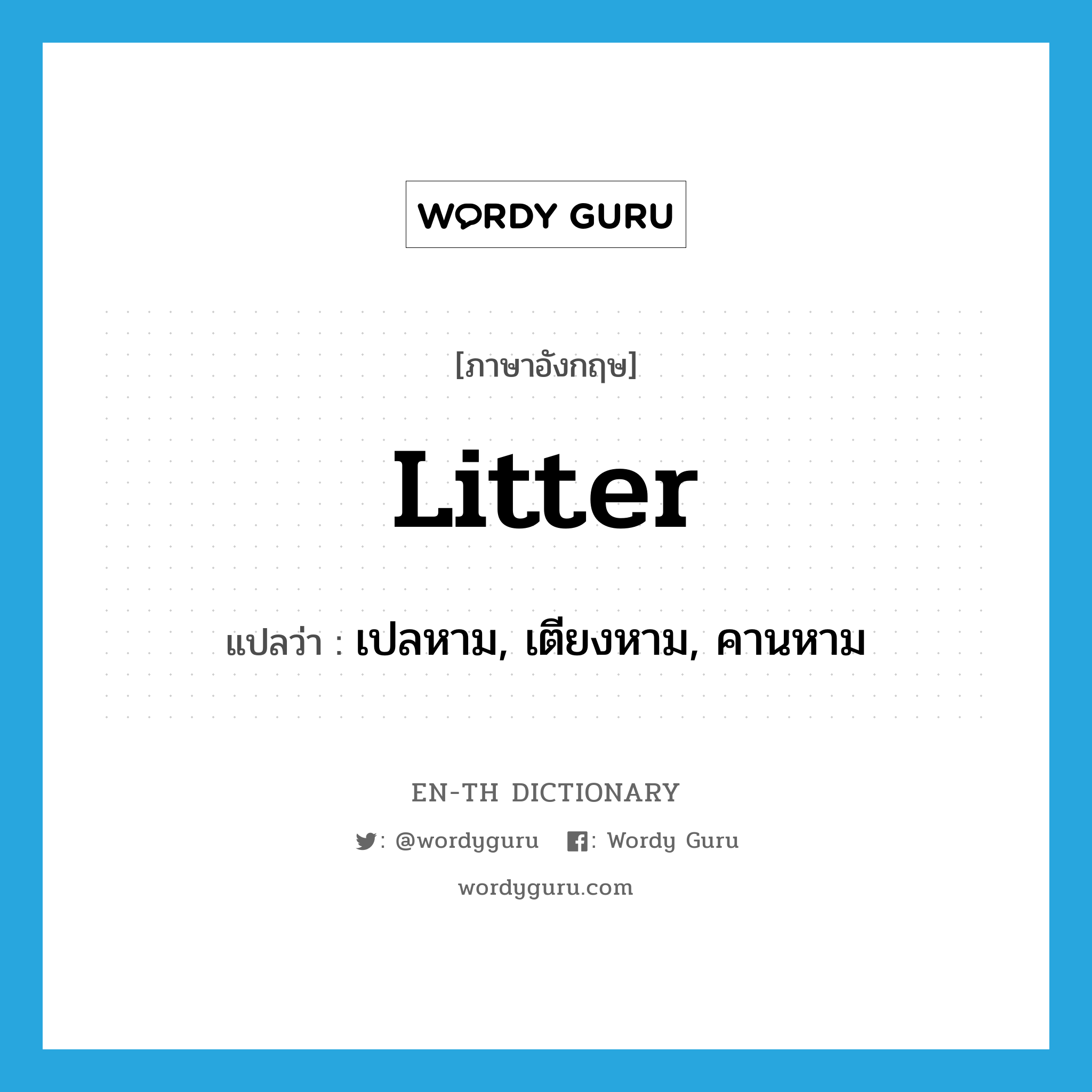 litter แปลว่า?, คำศัพท์ภาษาอังกฤษ litter แปลว่า เปลหาม, เตียงหาม, คานหาม ประเภท N หมวด N