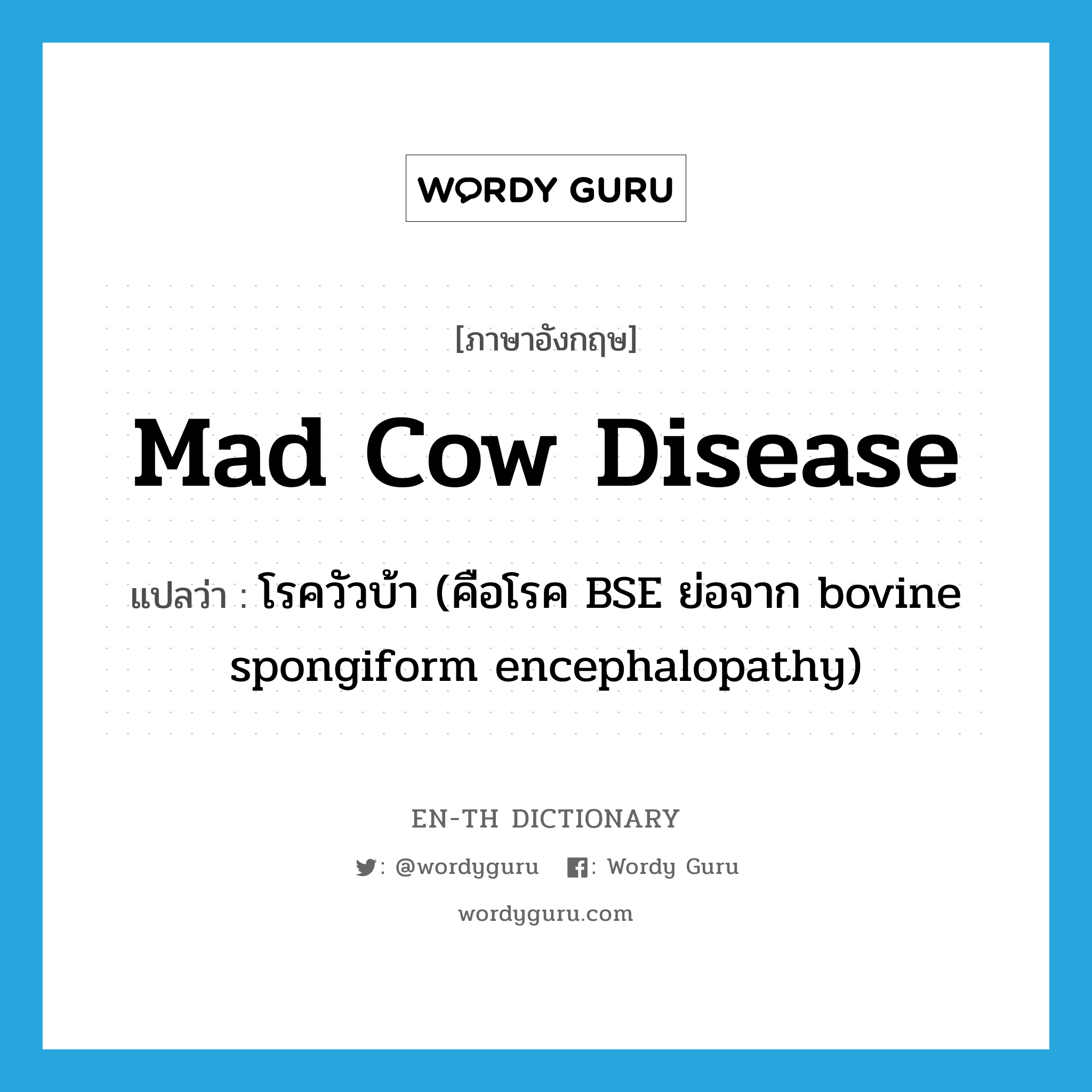 &#34;โรควัวบ้า (คือโรค BSE ย่อจาก bovine spongiform encephalopathy)&#34; (n), คำศัพท์ภาษาอังกฤษ โรควัวบ้า (คือโรค BSE ย่อจาก bovine spongiform encephalopathy) แปลว่า mad cow disease ประเภท N หมวด N