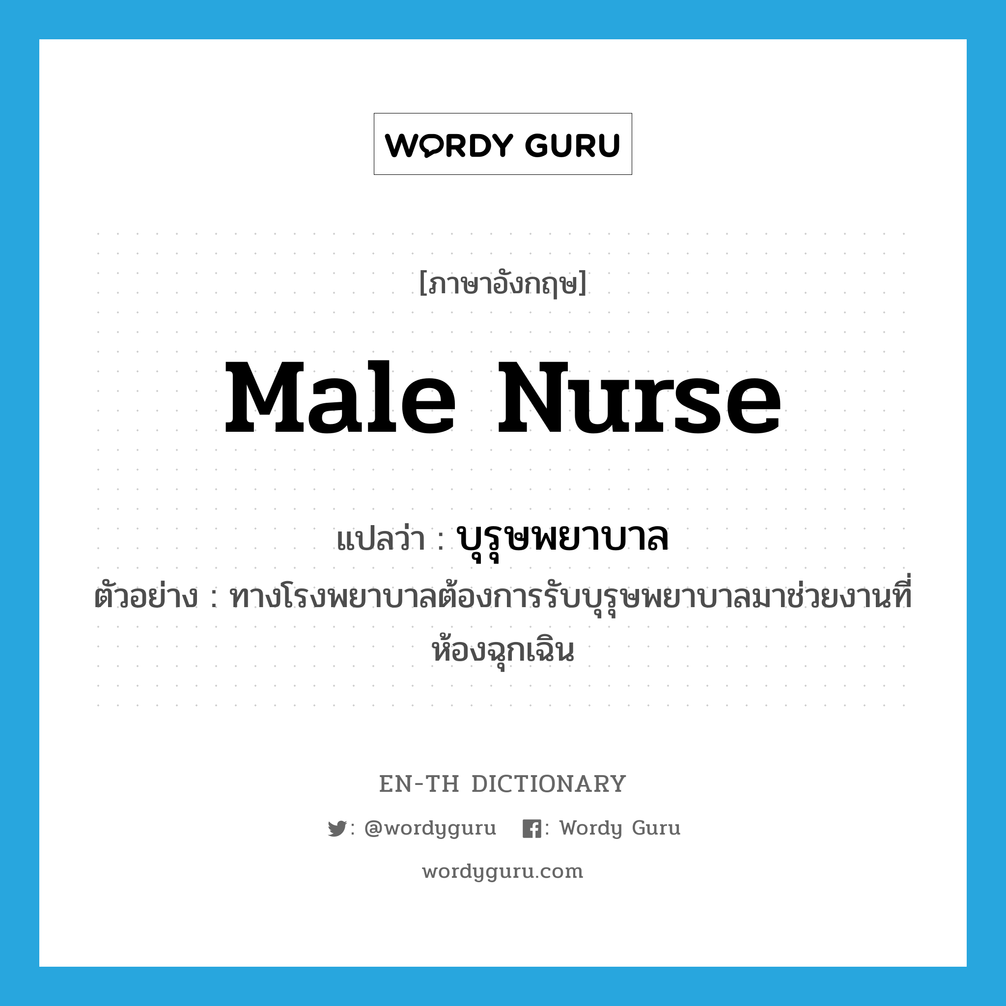 male nurse แปลว่า?, คำศัพท์ภาษาอังกฤษ male nurse แปลว่า บุรุษพยาบาล ประเภท N ตัวอย่าง ทางโรงพยาบาลต้องการรับบุรุษพยาบาลมาช่วยงานที่ห้องฉุกเฉิน หมวด N