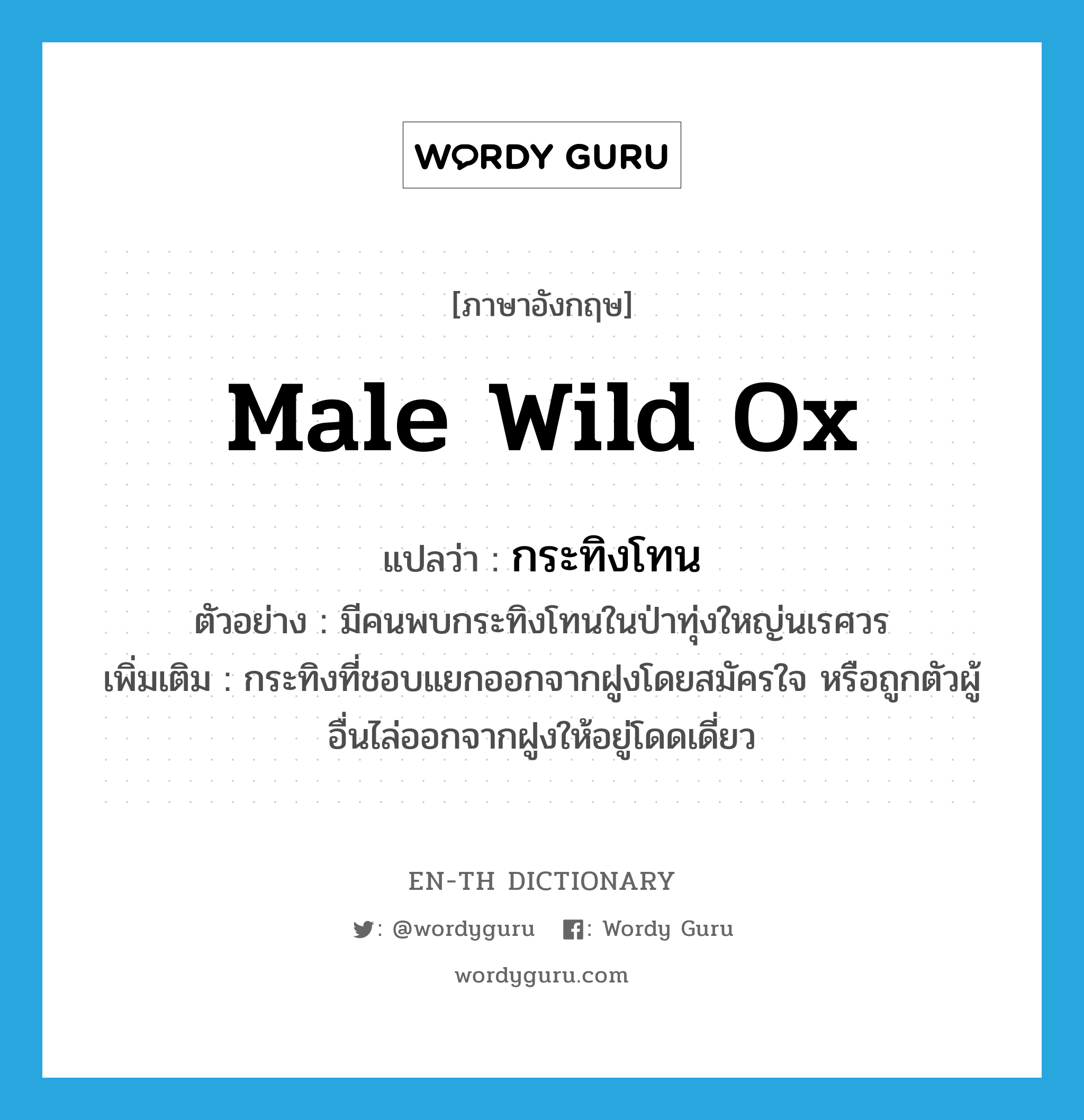 male wild ox แปลว่า?, คำศัพท์ภาษาอังกฤษ male wild ox แปลว่า กระทิงโทน ประเภท N ตัวอย่าง มีคนพบกระทิงโทนในป่าทุ่งใหญ่นเรศวร เพิ่มเติม กระทิงที่ชอบแยกออกจากฝูงโดยสมัครใจ หรือถูกตัวผู้อื่นไล่ออกจากฝูงให้อยู่โดดเดี่ยว หมวด N