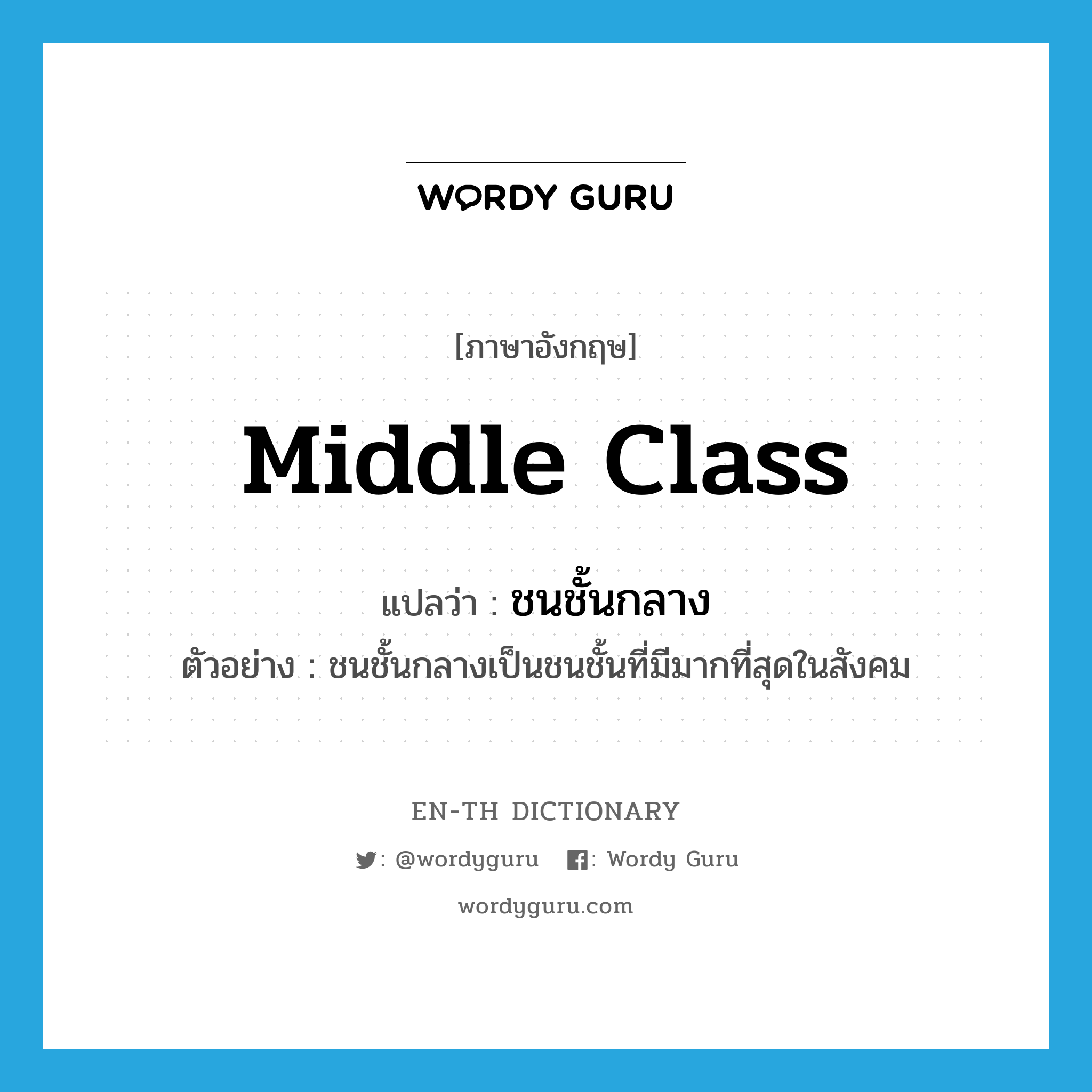 middle class แปลว่า?, คำศัพท์ภาษาอังกฤษ middle class แปลว่า ชนชั้นกลาง ประเภท N ตัวอย่าง ชนชั้นกลางเป็นชนชั้นที่มีมากที่สุดในสังคม หมวด N