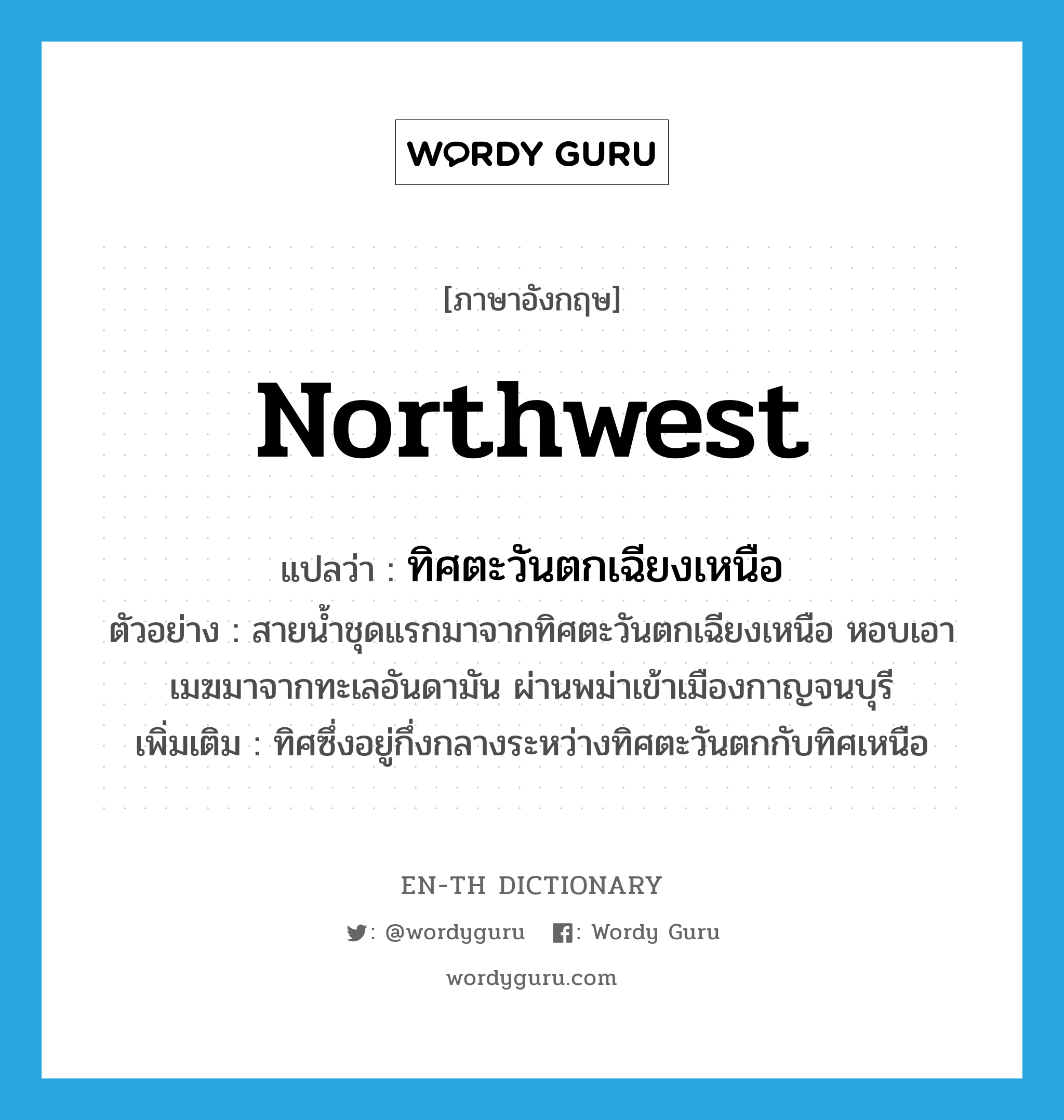 northwest แปลว่า?, คำศัพท์ภาษาอังกฤษ northwest แปลว่า ทิศตะวันตกเฉียงเหนือ ประเภท N ตัวอย่าง สายน้ำชุดแรกมาจากทิศตะวันตกเฉียงเหนือ หอบเอาเมฆมาจากทะเลอันดามัน ผ่านพม่าเข้าเมืองกาญจนบุรี เพิ่มเติม ทิศซึ่งอยู่กึ่งกลางระหว่างทิศตะวันตกกับทิศเหนือ หมวด N