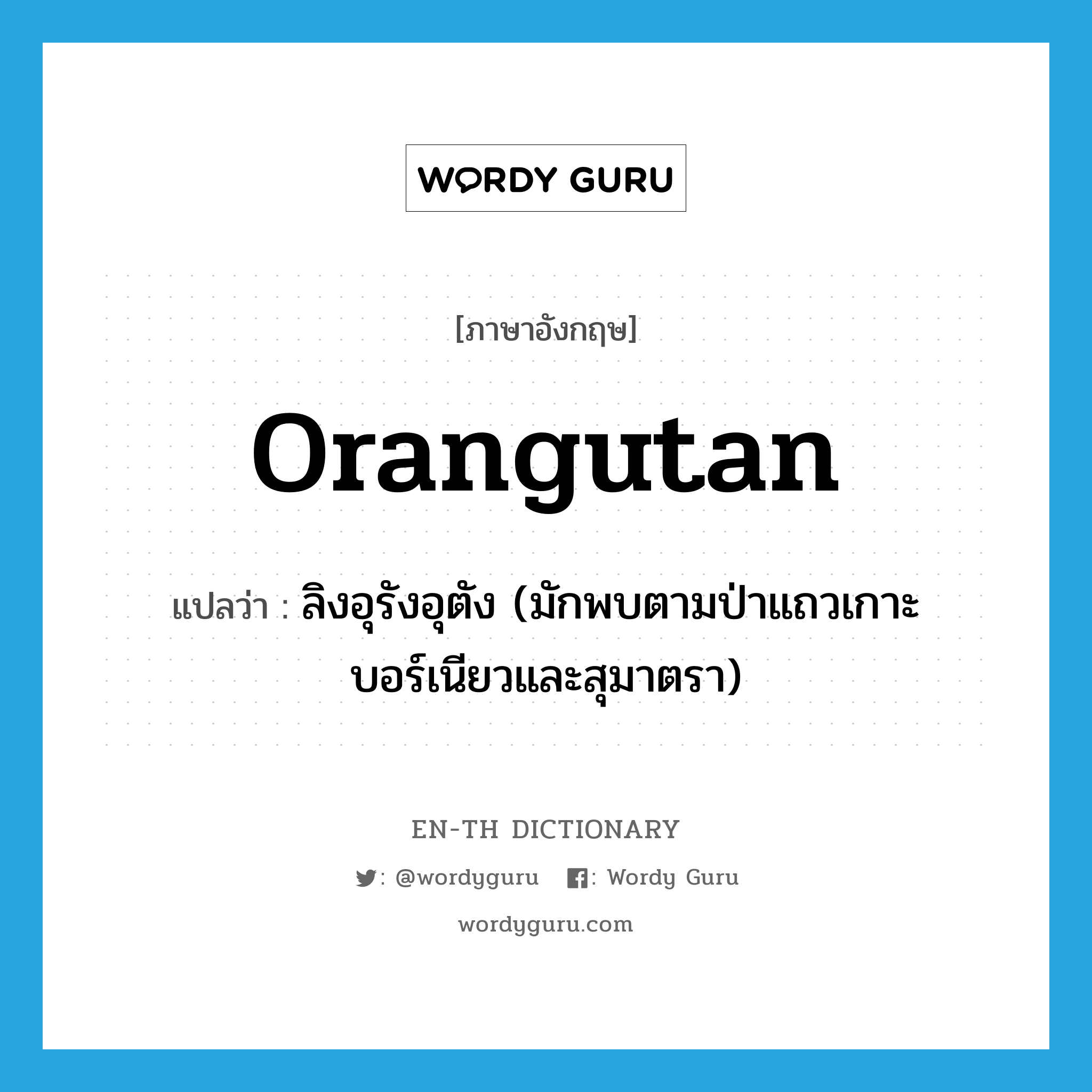 orangutan แปลว่า?, คำศัพท์ภาษาอังกฤษ orangutan แปลว่า ลิงอุรังอุตัง (มักพบตามป่าแถวเกาะบอร์เนียวและสุมาตรา) ประเภท N หมวด N