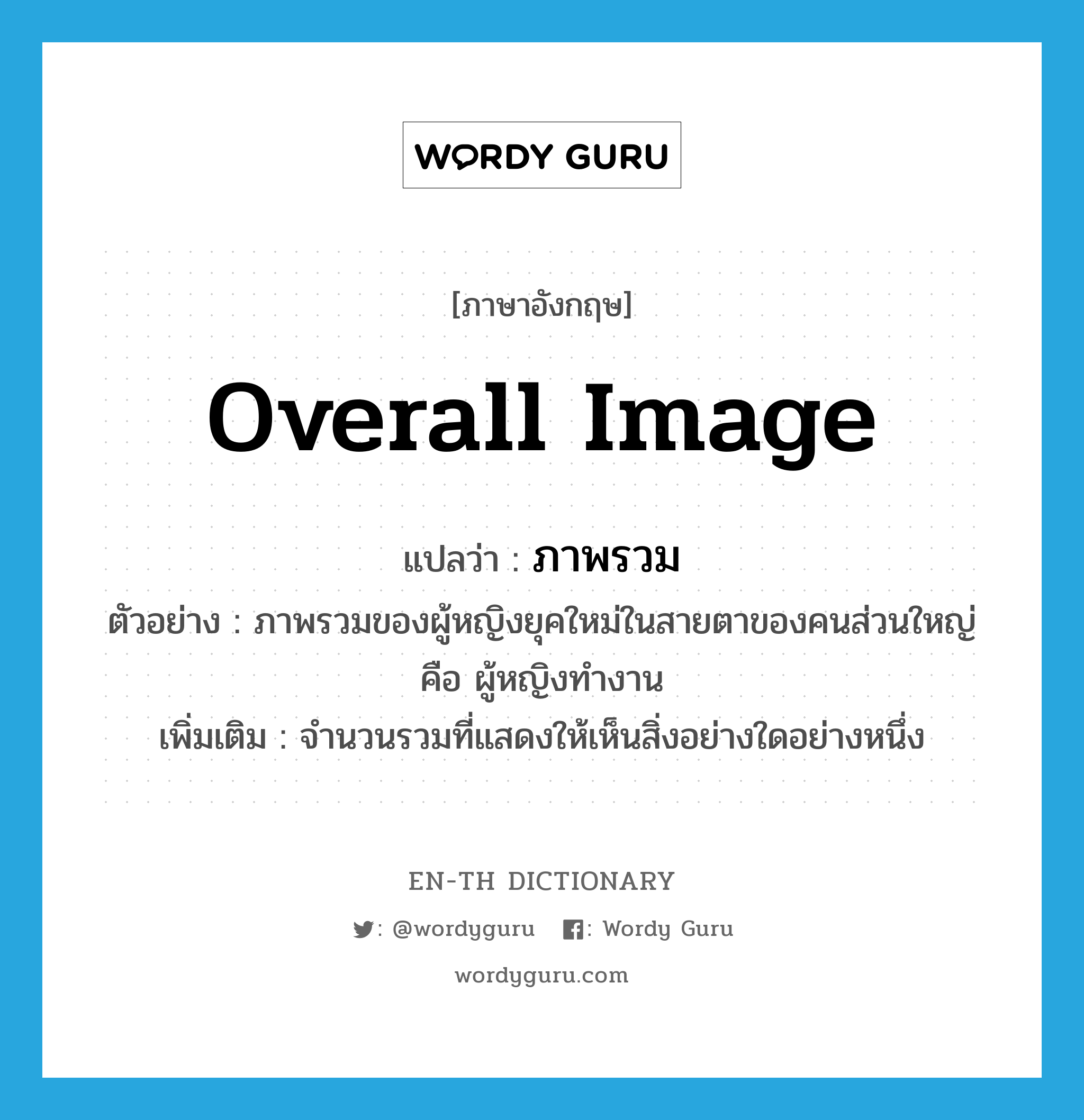 overall image แปลว่า?, คำศัพท์ภาษาอังกฤษ overall image แปลว่า ภาพรวม ประเภท N ตัวอย่าง ภาพรวมของผู้หญิงยุคใหม่ในสายตาของคนส่วนใหญ่ คือ ผู้หญิงทำงาน เพิ่มเติม จำนวนรวมที่แสดงให้เห็นสิ่งอย่างใดอย่างหนึ่ง หมวด N