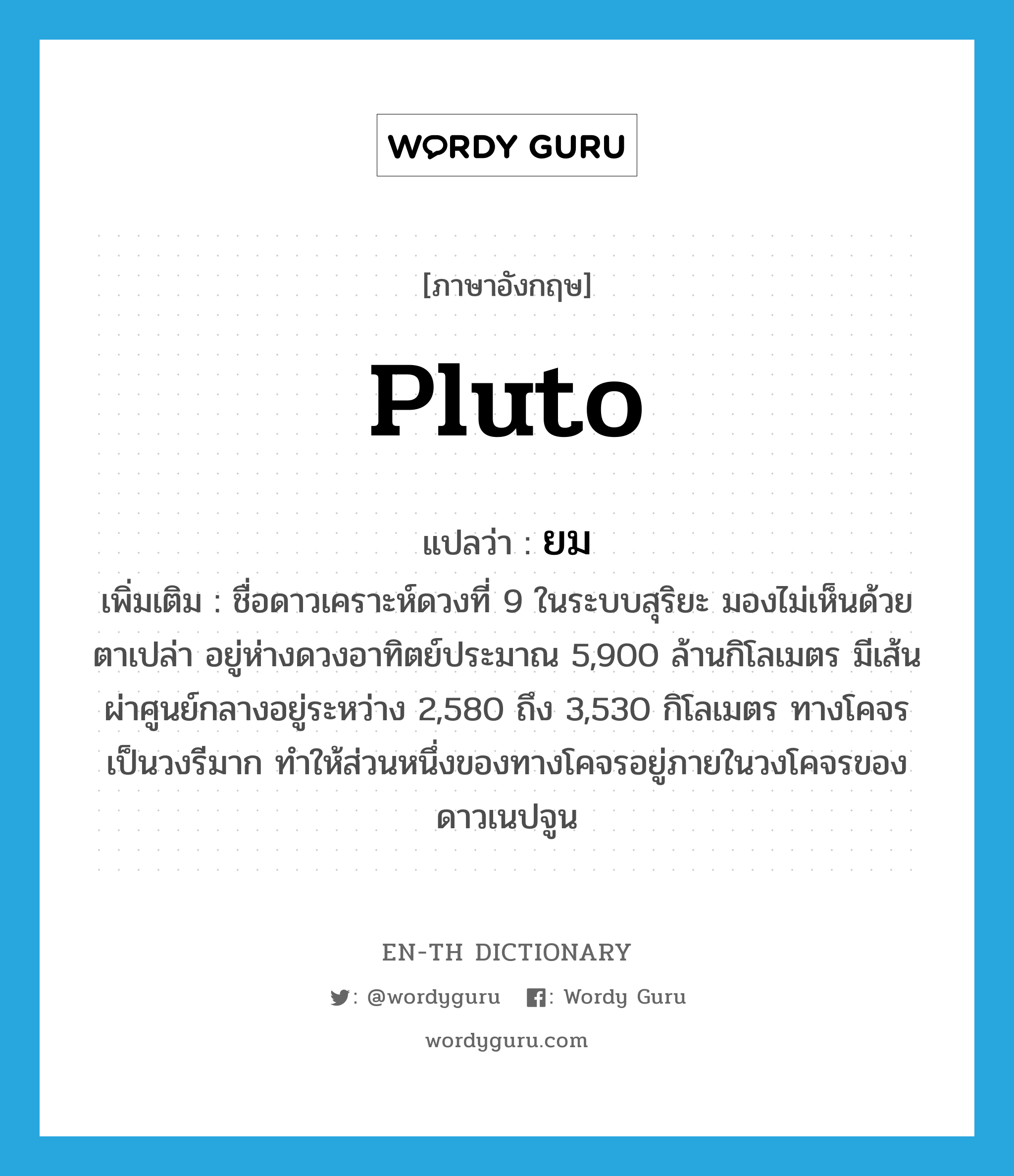 Pluto แปลว่า?, คำศัพท์ภาษาอังกฤษ Pluto แปลว่า ยม ประเภท N เพิ่มเติม ชื่อดาวเคราะห์ดวงที่ 9 ในระบบสุริยะ มองไม่เห็นด้วยตาเปล่า อยู่ห่างดวงอาทิตย์ประมาณ 5,900 ล้านกิโลเมตร มีเส้นผ่าศูนย์กลางอยู่ระหว่าง 2,580 ถึง 3,530 กิโลเมตร ทางโคจรเป็นวงรีมาก ทำให้ส่วนหนึ่งของทางโคจรอยู่ภายในวงโคจรของดาวเนปจูน หมวด N