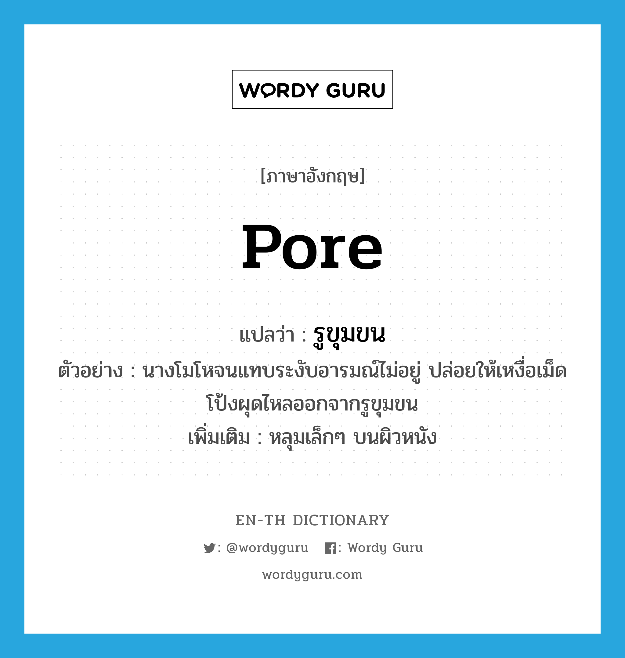 pore แปลว่า?, คำศัพท์ภาษาอังกฤษ pore แปลว่า รูขุมขน ประเภท N ตัวอย่าง นางโมโหจนแทบระงับอารมณ์ไม่อยู่ ปล่อยให้เหงื่อเม็ดโป้งผุดไหลออกจากรูขุมขน เพิ่มเติม หลุมเล็กๆ บนผิวหนัง หมวด N