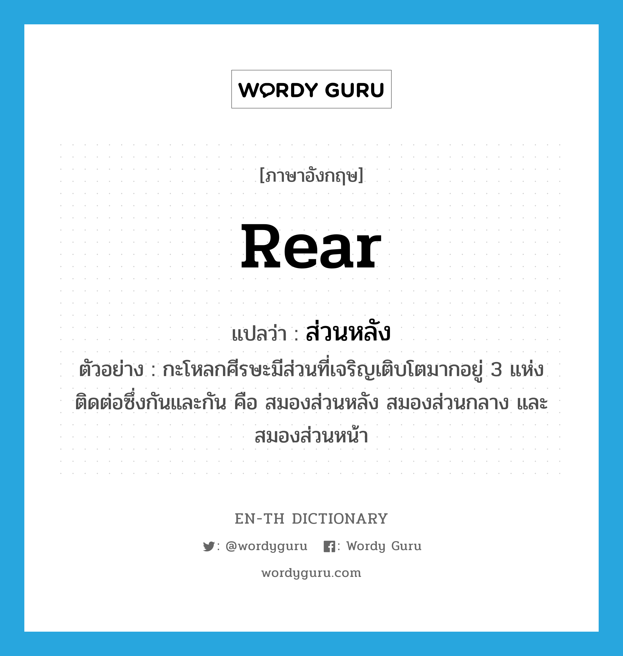 rear แปลว่า?, คำศัพท์ภาษาอังกฤษ rear แปลว่า ส่วนหลัง ประเภท ADJ ตัวอย่าง กะโหลกศีรษะมีส่วนที่เจริญเติบโตมากอยู่ 3 แห่ง ติดต่อซึ่งกันและกัน คือ สมองส่วนหลัง สมองส่วนกลาง และสมองส่วนหน้า หมวด ADJ