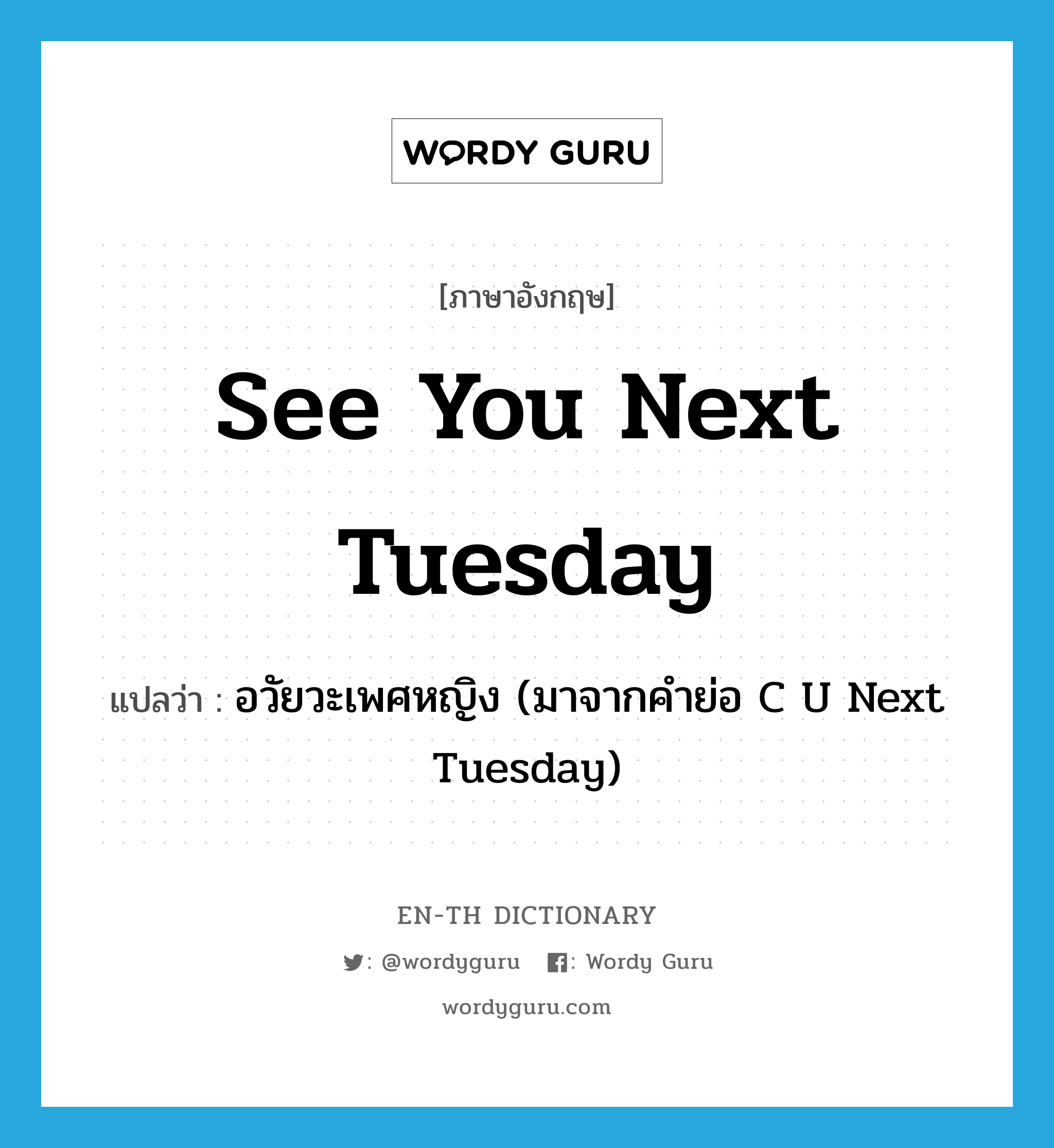 see you next Tuesday แปลว่า?, คำศัพท์ภาษาอังกฤษ see you next Tuesday แปลว่า อวัยวะเพศหญิง (มาจากคำย่อ C U Next Tuesday) ประเภท SL หมวด SL