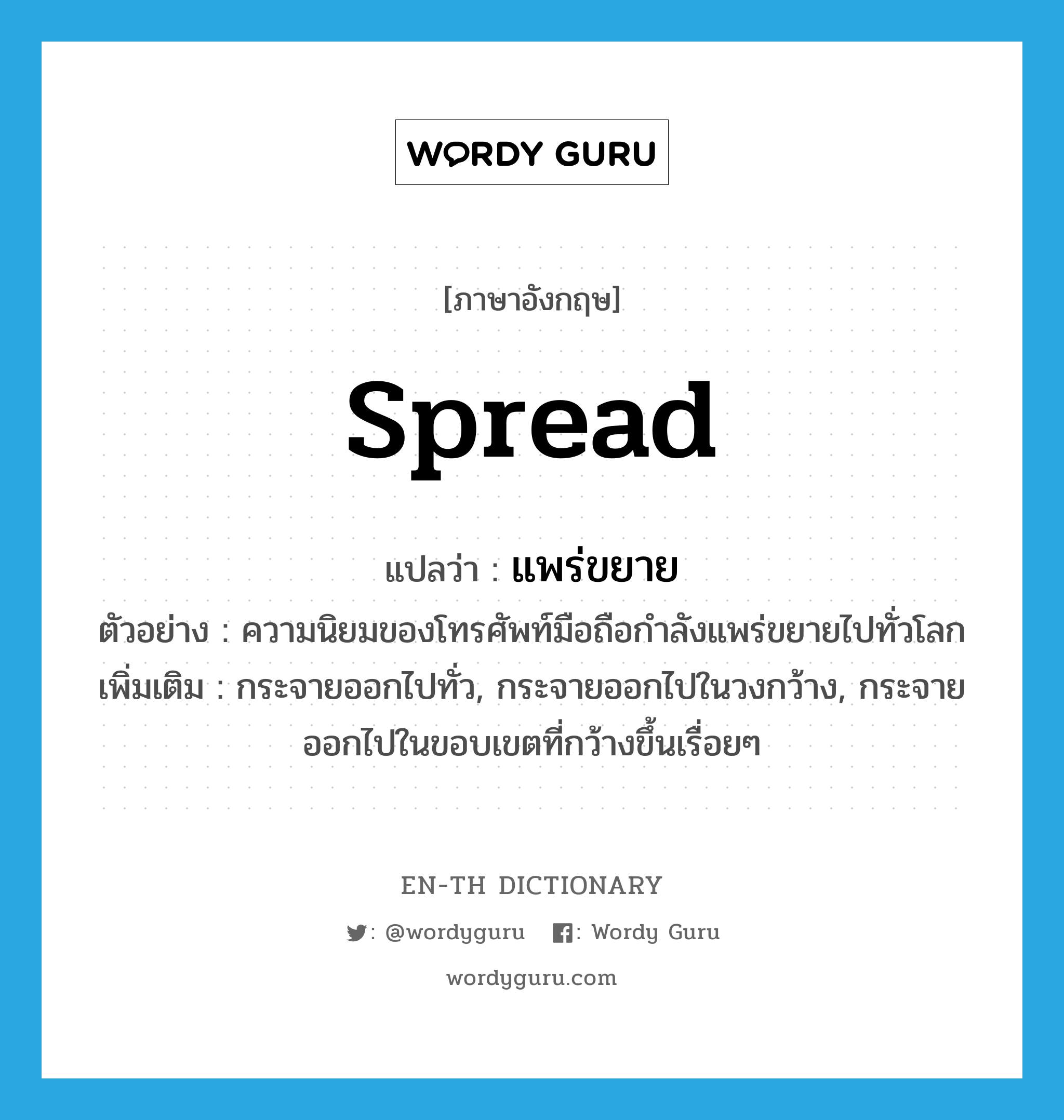 spread แปลว่า?, คำศัพท์ภาษาอังกฤษ spread แปลว่า แพร่ขยาย ประเภท V ตัวอย่าง ความนิยมของโทรศัพท์มือถือกำลังแพร่ขยายไปทั่วโลก เพิ่มเติม กระจายออกไปทั่ว, กระจายออกไปในวงกว้าง, กระจายออกไปในขอบเขตที่กว้างขึ้นเรื่อยๆ หมวด V