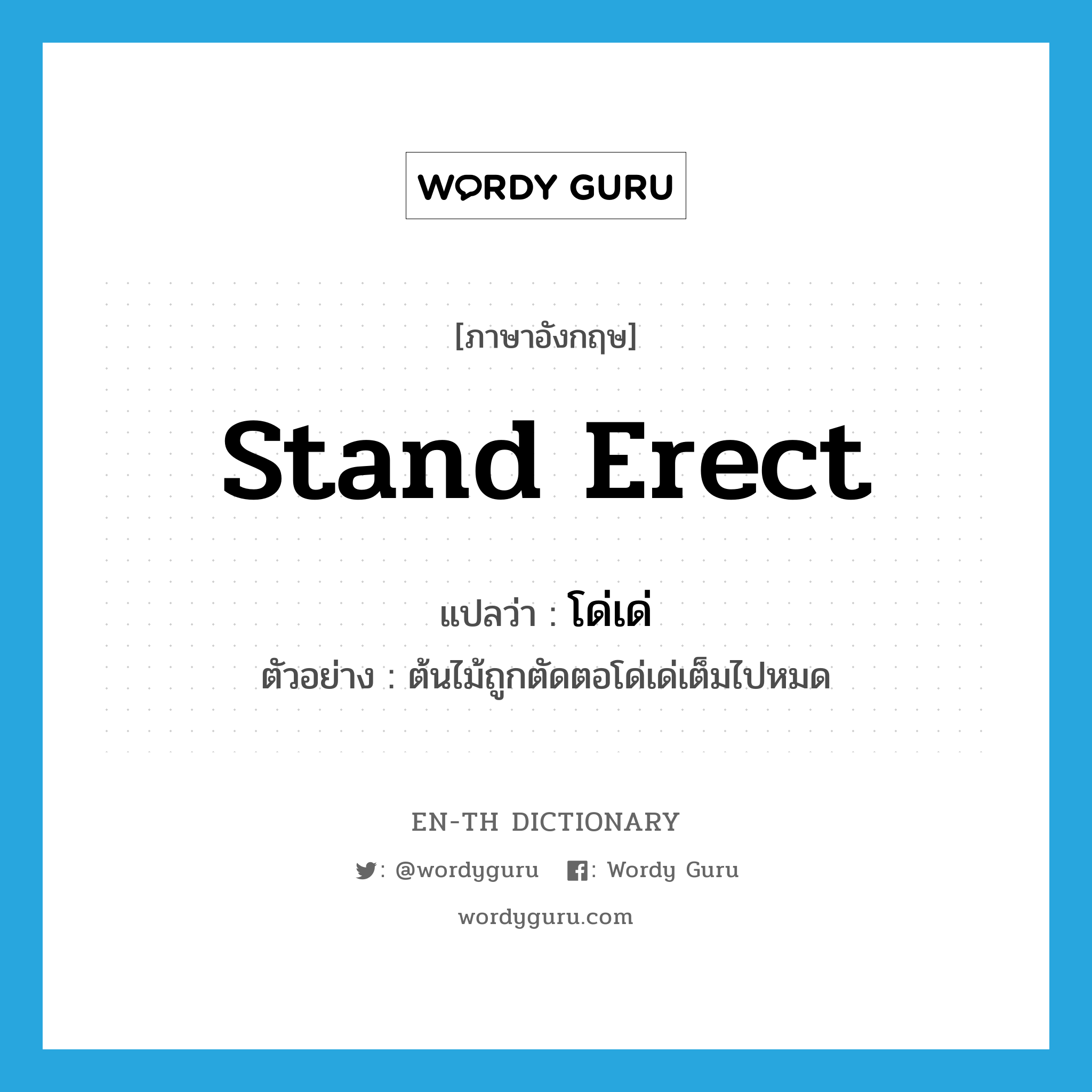 stand erect แปลว่า?, คำศัพท์ภาษาอังกฤษ stand erect แปลว่า โด่เด่ ประเภท V ตัวอย่าง ต้นไม้ถูกตัดตอโด่เด่เต็มไปหมด หมวด V