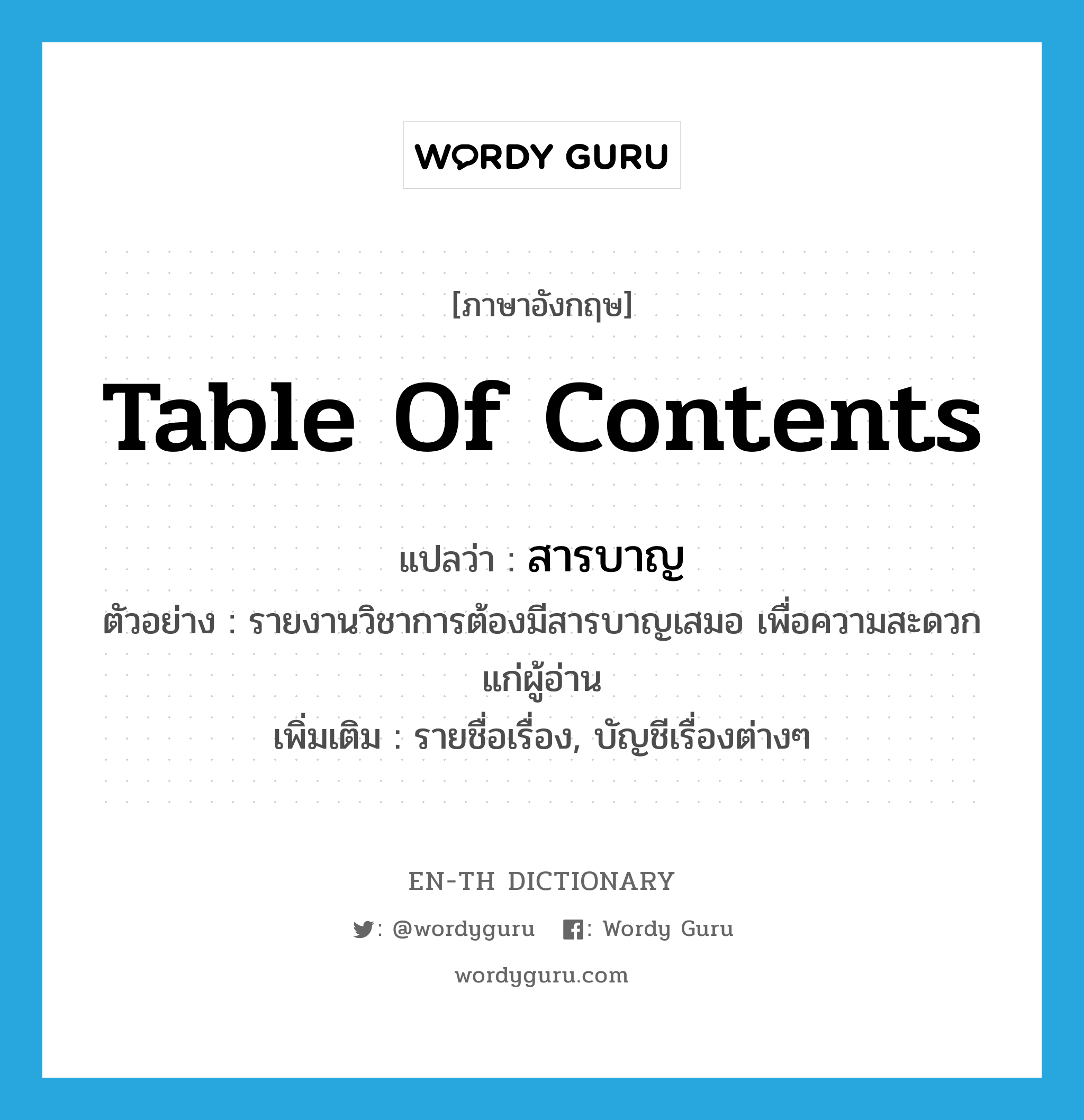 table of contents แปลว่า?, คำศัพท์ภาษาอังกฤษ table of contents แปลว่า สารบาญ ประเภท N ตัวอย่าง รายงานวิชาการต้องมีสารบาญเสมอ เพื่อความสะดวกแก่ผู้อ่าน เพิ่มเติม รายชื่อเรื่อง, บัญชีเรื่องต่างๆ หมวด N