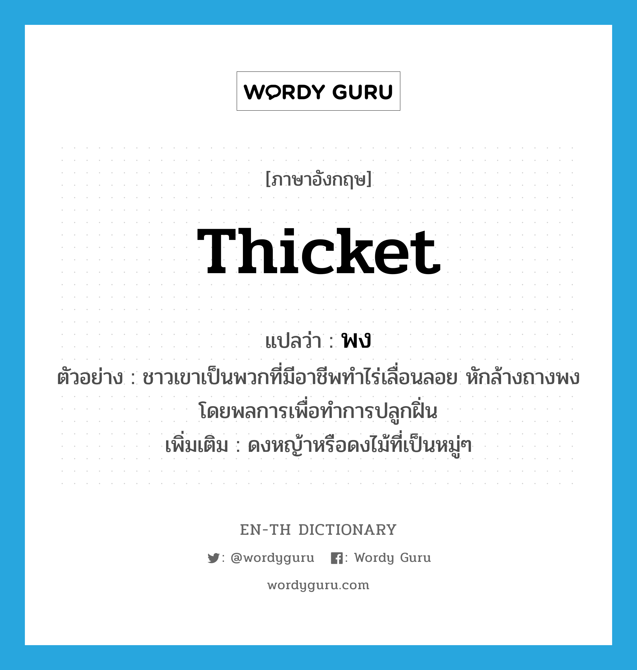 thicket แปลว่า?, คำศัพท์ภาษาอังกฤษ thicket แปลว่า พง ประเภท N ตัวอย่าง ชาวเขาเป็นพวกที่มีอาชีพทำไร่เลื่อนลอย หักล้างถางพงโดยพลการเพื่อทำการปลูกฝิ่น เพิ่มเติม ดงหญ้าหรือดงไม้ที่เป็นหมู่ๆ หมวด N