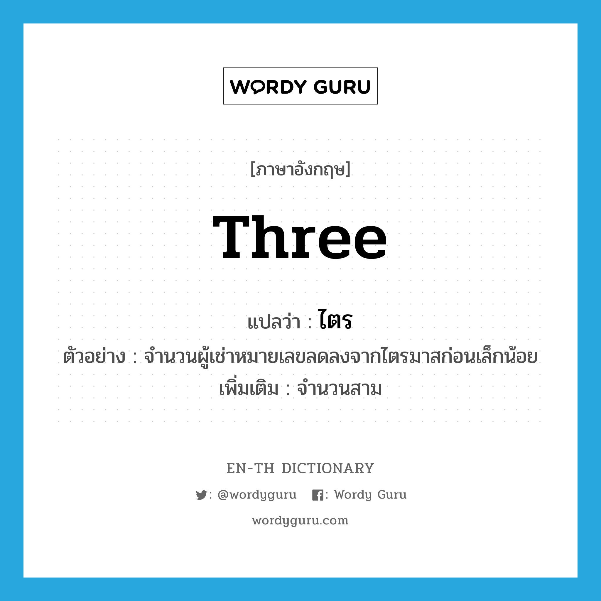 three แปลว่า?, คำศัพท์ภาษาอังกฤษ three แปลว่า ไตร ประเภท N ตัวอย่าง จำนวนผู้เช่าหมายเลขลดลงจากไตรมาสก่อนเล็กน้อย เพิ่มเติม จำนวนสาม หมวด N