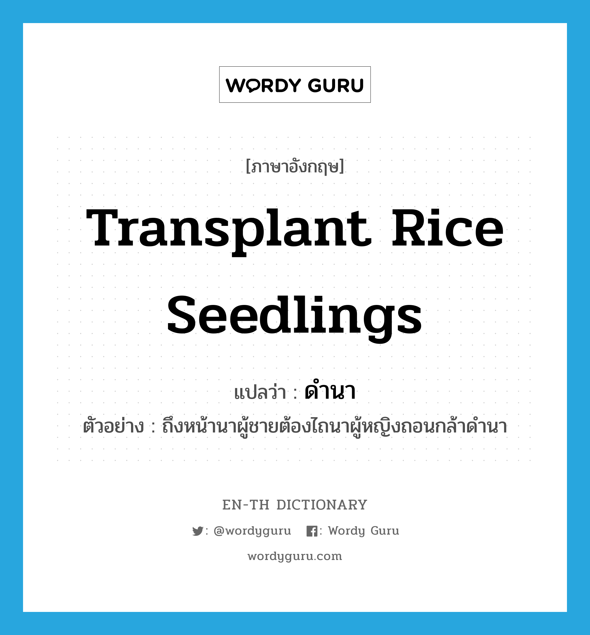 transplant rice seedlings แปลว่า?, คำศัพท์ภาษาอังกฤษ transplant rice seedlings แปลว่า ดำนา ประเภท V ตัวอย่าง ถึงหน้านาผู้ชายต้องไถนาผู้หญิงถอนกล้าดำนา หมวด V