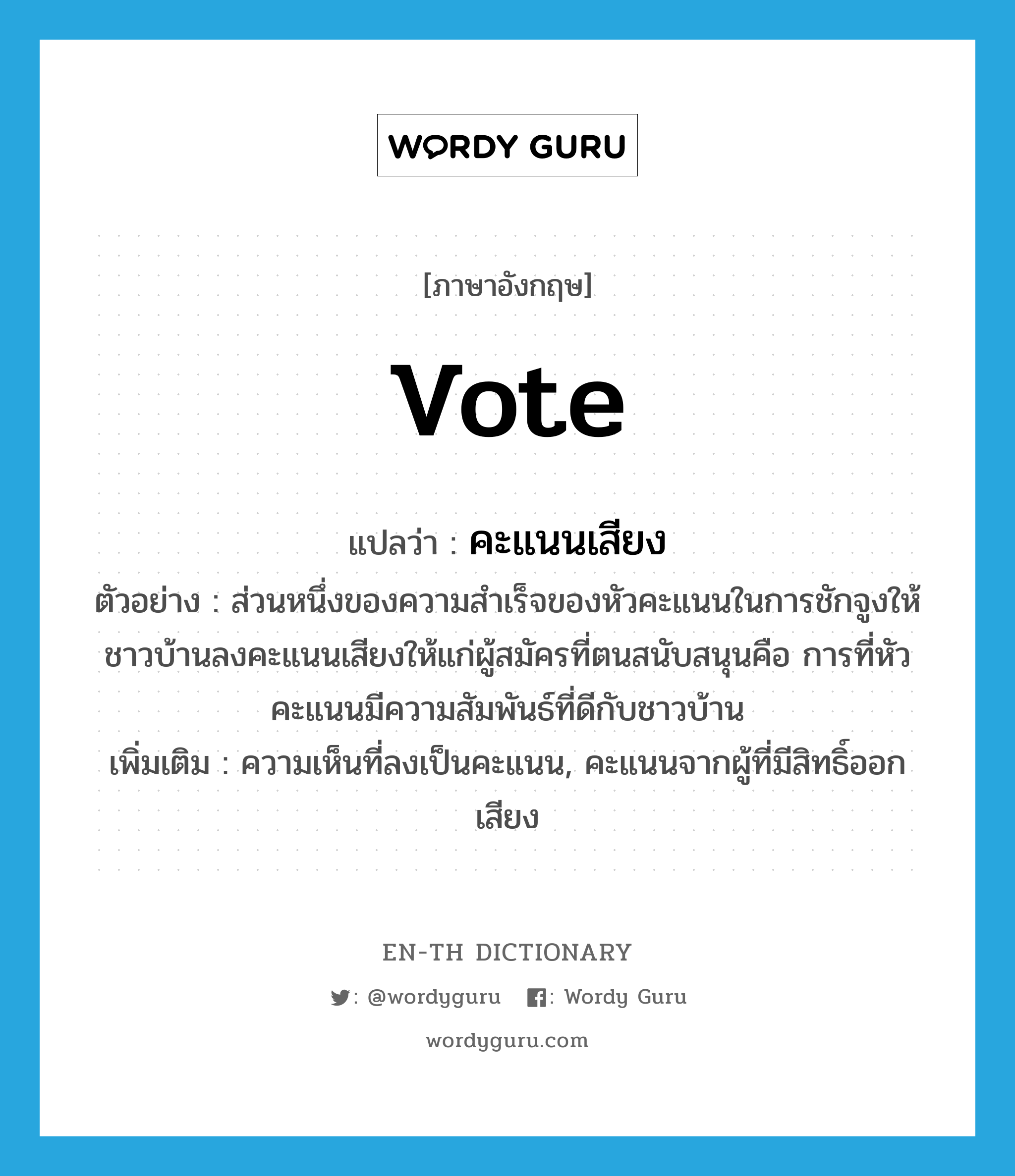 vote แปลว่า?, คำศัพท์ภาษาอังกฤษ vote แปลว่า คะแนนเสียง ประเภท N ตัวอย่าง ส่วนหนึ่งของความสำเร็จของหัวคะแนนในการชักจูงให้ชาวบ้านลงคะแนนเสียงให้แก่ผู้สมัครที่ตนสนับสนุนคือ การที่หัวคะแนนมีความสัมพันธ์ที่ดีกับชาวบ้าน เพิ่มเติม ความเห็นที่ลงเป็นคะแนน, คะแนนจากผู้ที่มีสิทธิ์ออกเสียง หมวด N