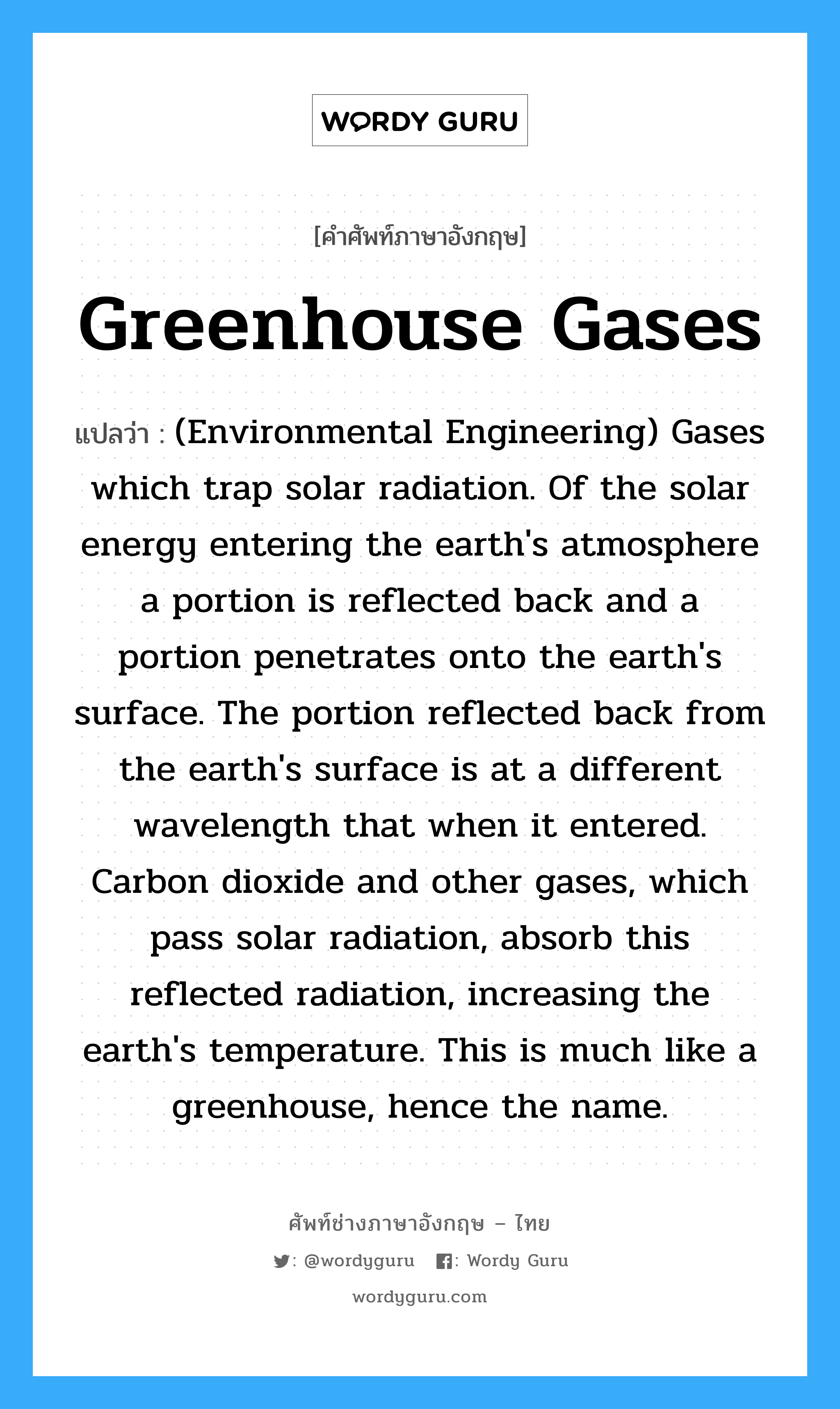 (Environmental Engineering) Gases which trap solar radiation. Of the solar energy entering the earth&#39;s atmosphere a portion is reflected back and a portion penetrates onto the earth&#39;s surface. The portion reflected back from the earth&#39;s surface is at a different wavelength that when it entered. Carbon dioxide and other gases, which pass solar radiation, absorb this reflected radiation, increasing the earth&#39;s temperature. This is much like a greenhouse, hence the name. ภาษาอังกฤษ?, คำศัพท์ช่างภาษาอังกฤษ - ไทย (Environmental Engineering) Gases which trap solar radiation. Of the solar energy entering the earth&#39;s atmosphere a portion is reflected back and a portion penetrates onto the earth&#39;s surface. The portion reflected back from the earth&#39;s surface is at a different wavelength that when it entered. Carbon dioxide and other gases, which pass solar radiation, absorb this reflected radiation, increasing the earth&#39;s temperature. This is much like a greenhouse, hence the name. คำศัพท์ภาษาอังกฤษ (Environmental Engineering) Gases which trap solar radiation. Of the solar energy entering the earth&#39;s atmosphere a portion is reflected back and a portion penetrates onto the earth&#39;s surface. The portion reflected back from the earth&#39;s surface is at a different wavelength that when it entered. Carbon dioxide and other gases, which pass solar radiation, absorb this reflected radiation, increasing the earth&#39;s temperature. This is much like a greenhouse, hence the name. แปลว่า Greenhouse gases