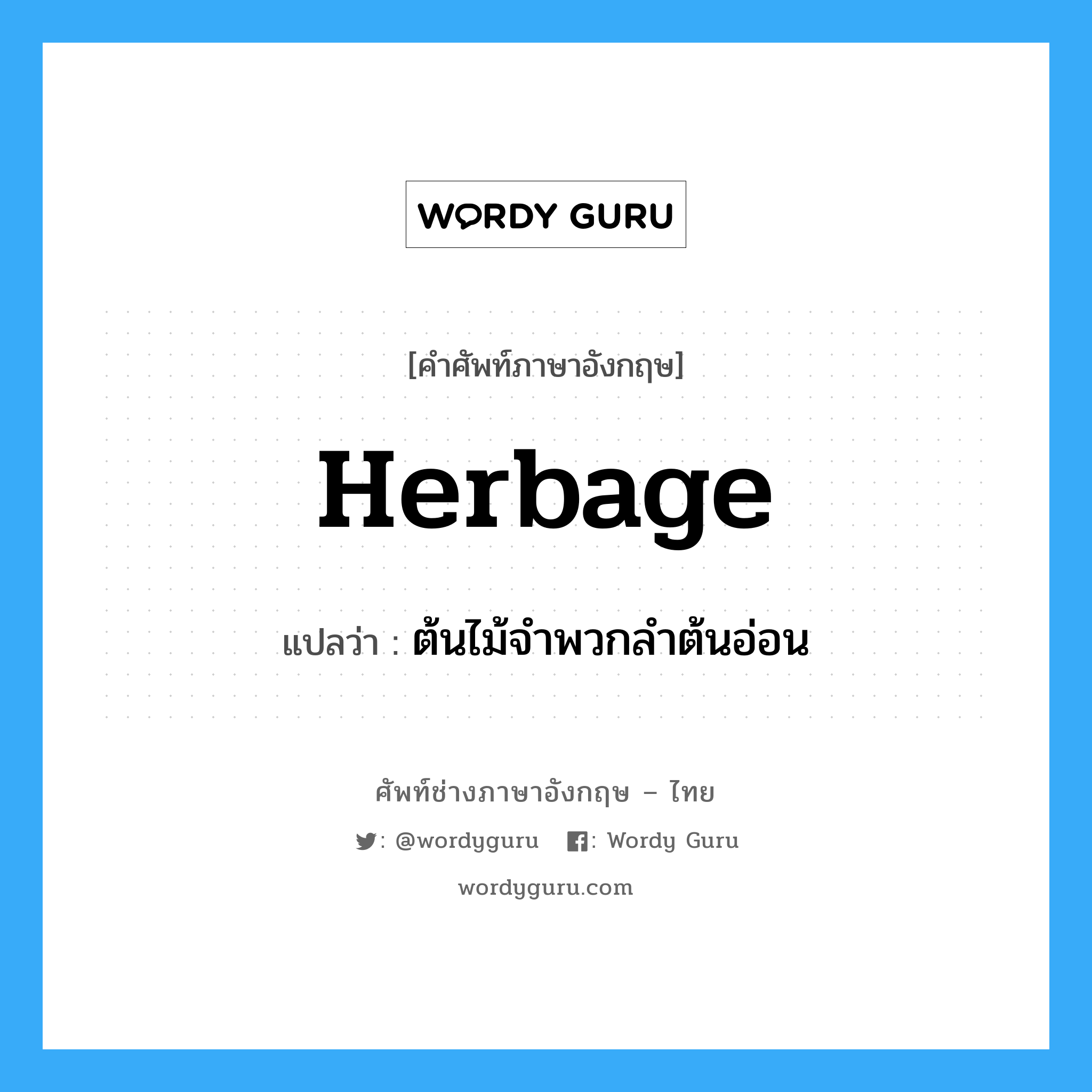 herbage แปลว่า?, คำศัพท์ช่างภาษาอังกฤษ - ไทย herbage คำศัพท์ภาษาอังกฤษ herbage แปลว่า ต้นไม้จำพวกลำต้นอ่อน