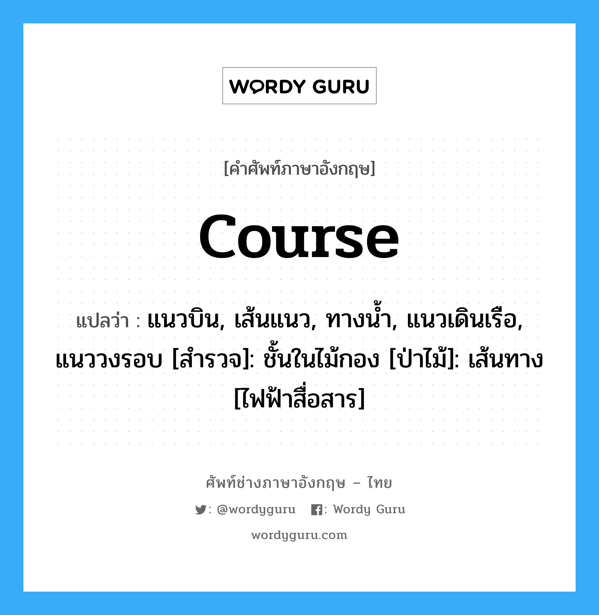 course แปลว่า?, คำศัพท์ช่างภาษาอังกฤษ - ไทย course คำศัพท์ภาษาอังกฤษ course แปลว่า แนวบิน, เส้นแนว, ทางน้ำ, แนวเดินเรือ, แนววงรอบ [สำรวจ]: ชั้นในไม้กอง [ป่าไม้]: เส้นทาง [ไฟฟ้าสื่อสาร]