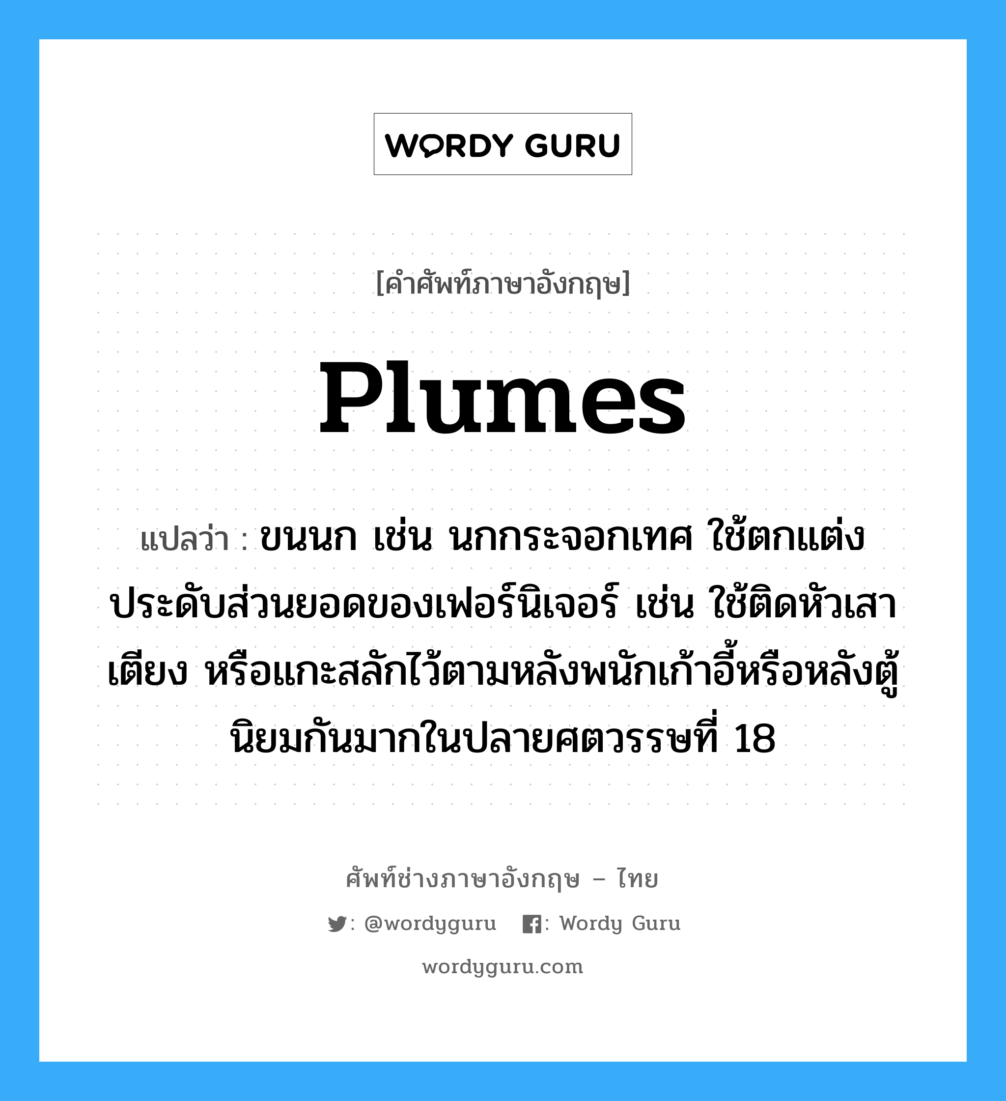 plumes แปลว่า?, คำศัพท์ช่างภาษาอังกฤษ - ไทย plumes คำศัพท์ภาษาอังกฤษ plumes แปลว่า ขนนก เช่น นกกระจอกเทศ ใช้ตกแต่งประดับส่วนยอดของเฟอร์นิเจอร์ เช่น ใช้ติดหัวเสาเตียง หรือแกะสลักไว้ตามหลังพนักเก้าอี้หรือหลังตู้นิยมกันมากในปลายศตวรรษที่ 18