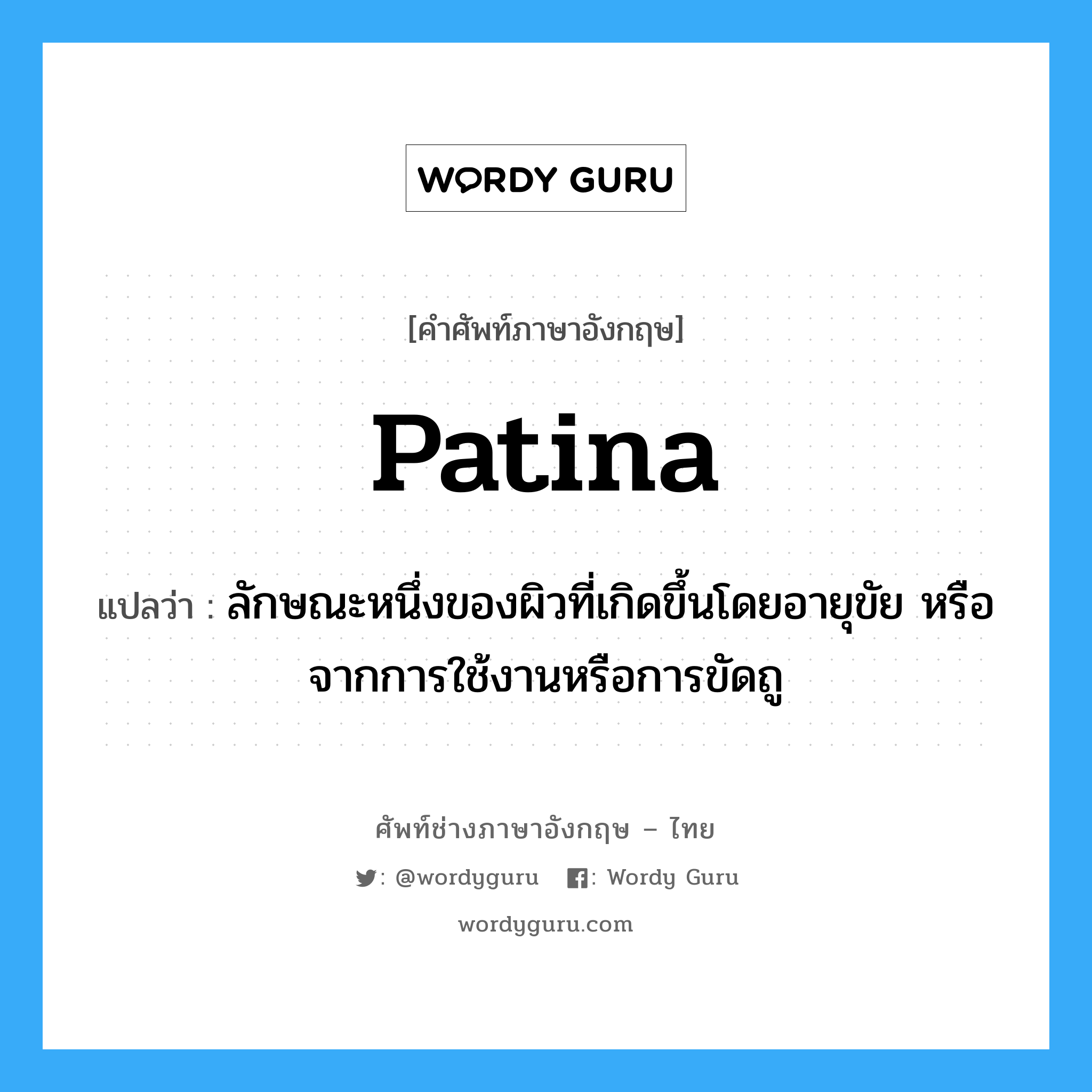 patina แปลว่า?, คำศัพท์ช่างภาษาอังกฤษ - ไทย patina คำศัพท์ภาษาอังกฤษ patina แปลว่า ลักษณะหนึ่งของผิวที่เกิดขึ้นโดยอายุขัย หรือจากการใช้งานหรือการขัดถู