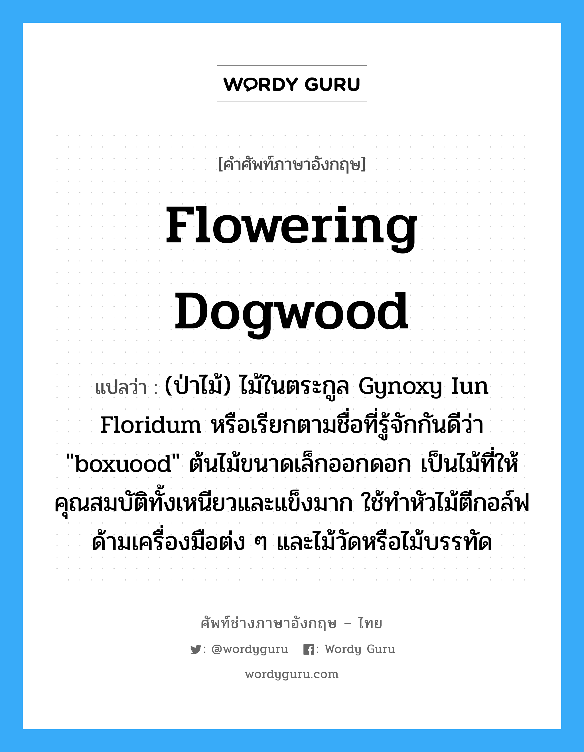 flowering dogwood แปลว่า?, คำศัพท์ช่างภาษาอังกฤษ - ไทย flowering dogwood คำศัพท์ภาษาอังกฤษ flowering dogwood แปลว่า (ป่าไม้) ไม้ในตระกูล Gynoxy Iun Floridum หรือเรียกตามชื่อที่รู้จักกันดีว่า &#34;boxuood&#34; ต้นไม้ขนาดเล็กออกดอก เป็นไม้ที่ให้คุณสมบัติทั้งเหนียวและแข็งมาก ใช้ทำหัวไม้ตีกอล์ฟ ด้ามเครื่องมือต่ง ๆ และไม้วัดหรือไม้บรรทัด