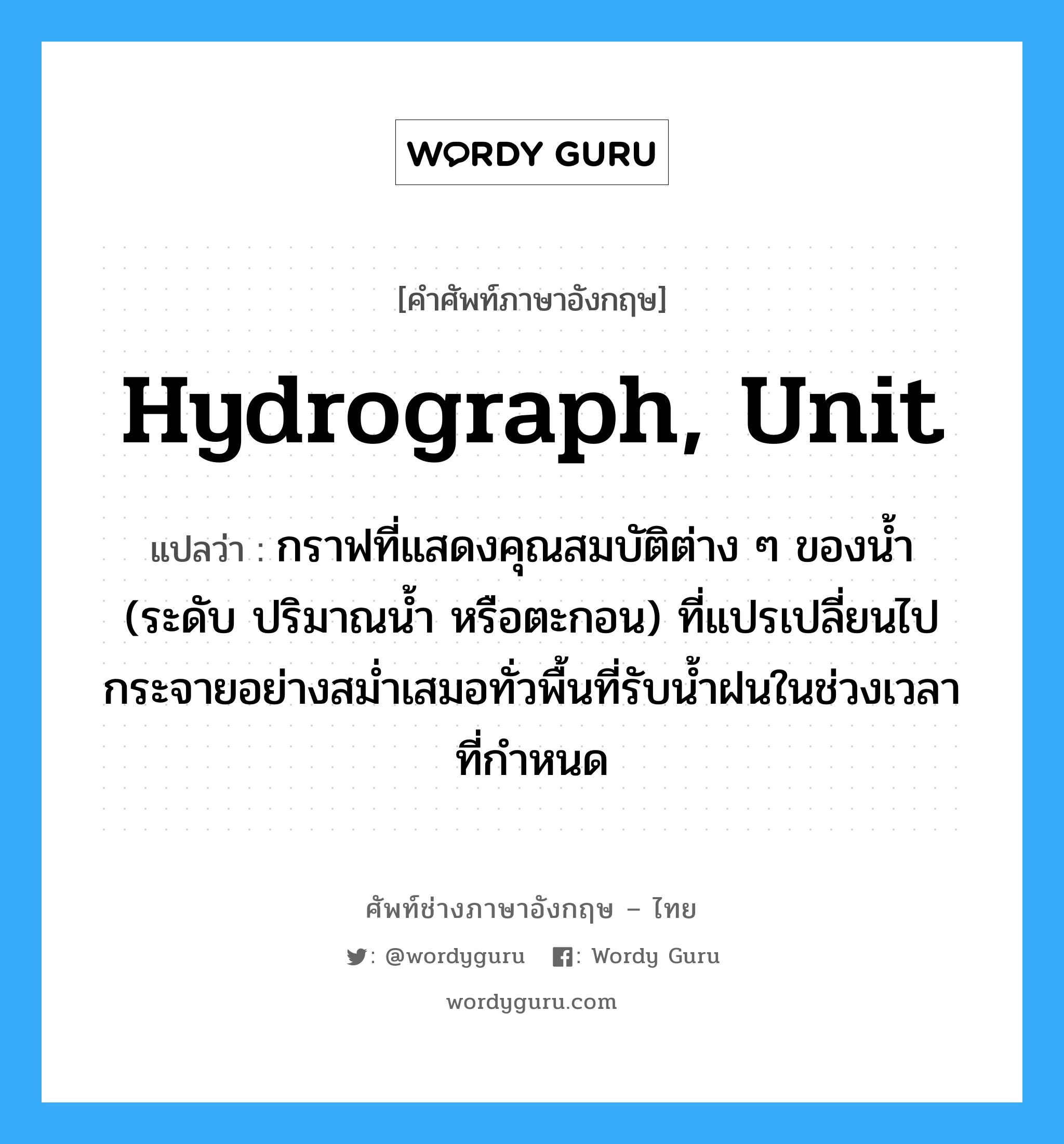 hydrograph, unit แปลว่า?, คำศัพท์ช่างภาษาอังกฤษ - ไทย hydrograph, unit คำศัพท์ภาษาอังกฤษ hydrograph, unit แปลว่า กราฟที่แสดงคุณสมบัติต่าง ๆ ของน้ำ (ระดับ ปริมาณน้ำ หรือตะกอน) ที่แปรเปลี่ยนไปกระจายอย่างสม่ำเสมอทั่วพื้นที่รับน้ำฝนในช่วงเวลาที่กำหนด