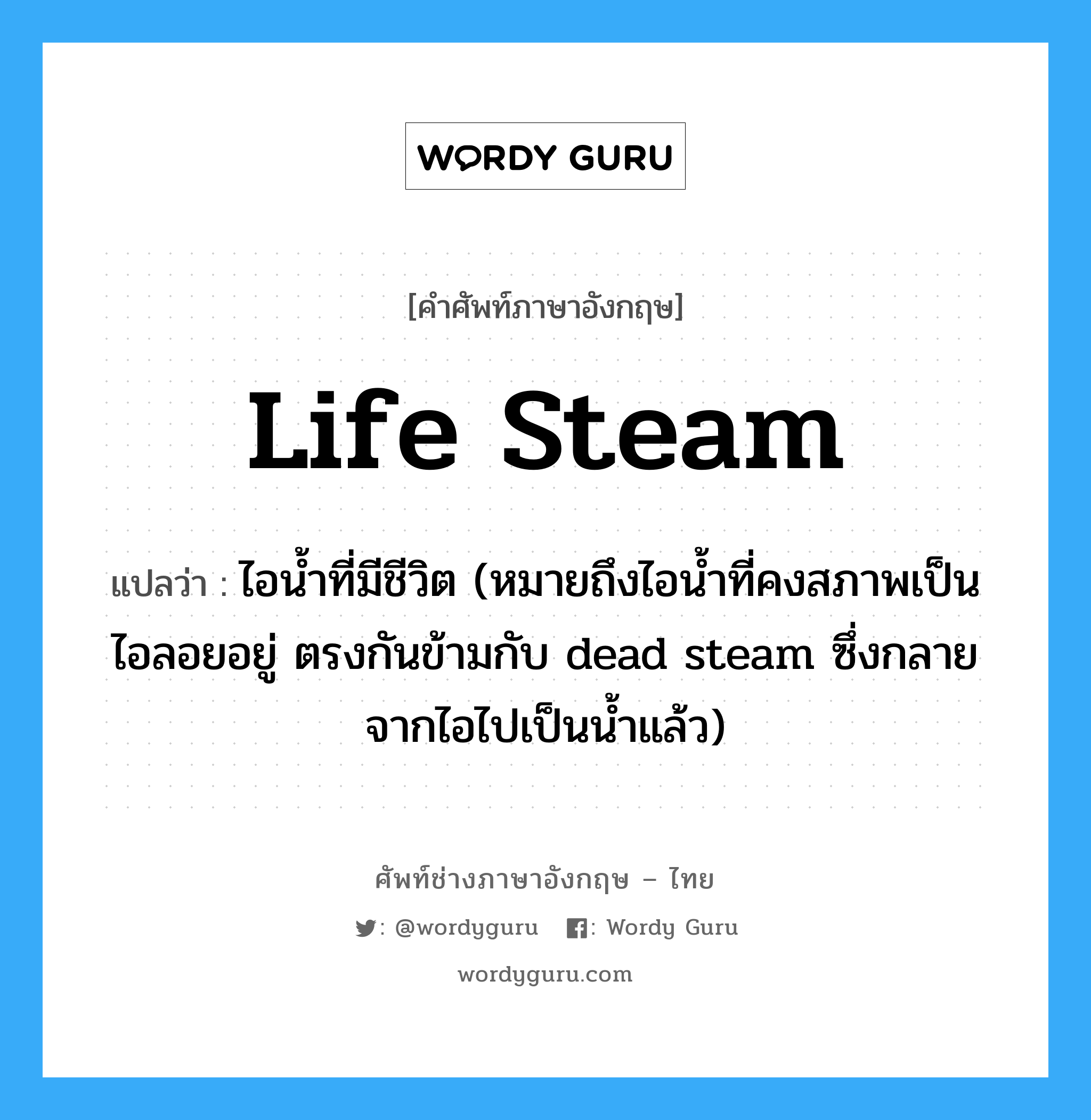 life steam แปลว่า?, คำศัพท์ช่างภาษาอังกฤษ - ไทย life steam คำศัพท์ภาษาอังกฤษ life steam แปลว่า ไอน้ำที่มีชีวิต (หมายถึงไอน้ำที่คงสภาพเป็นไอลอยอยู่ ตรงกันข้ามกับ dead steam ซึ่งกลายจากไอไปเป็นน้ำแล้ว)